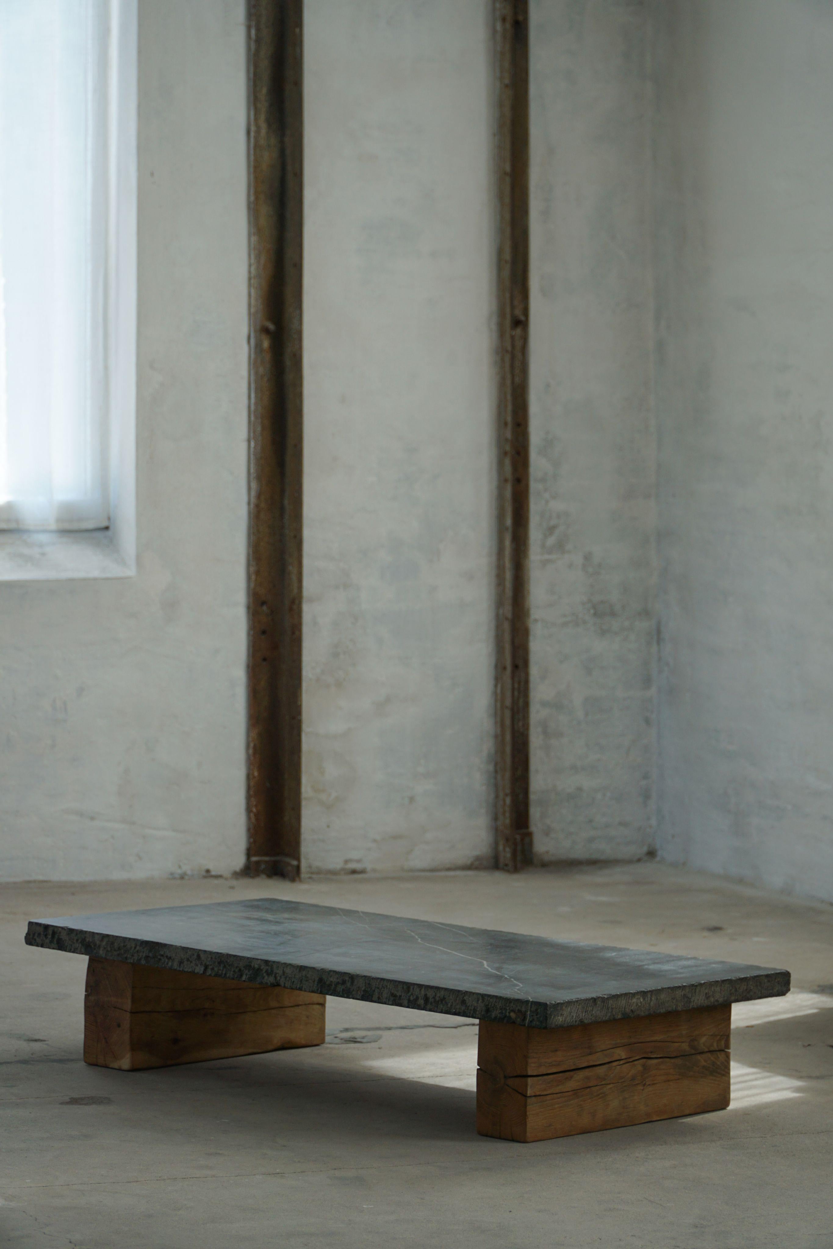 French Modern, Brutalist Stone Slab Coffee Table with Solid Wooden Legs, 1960s For Sale 9