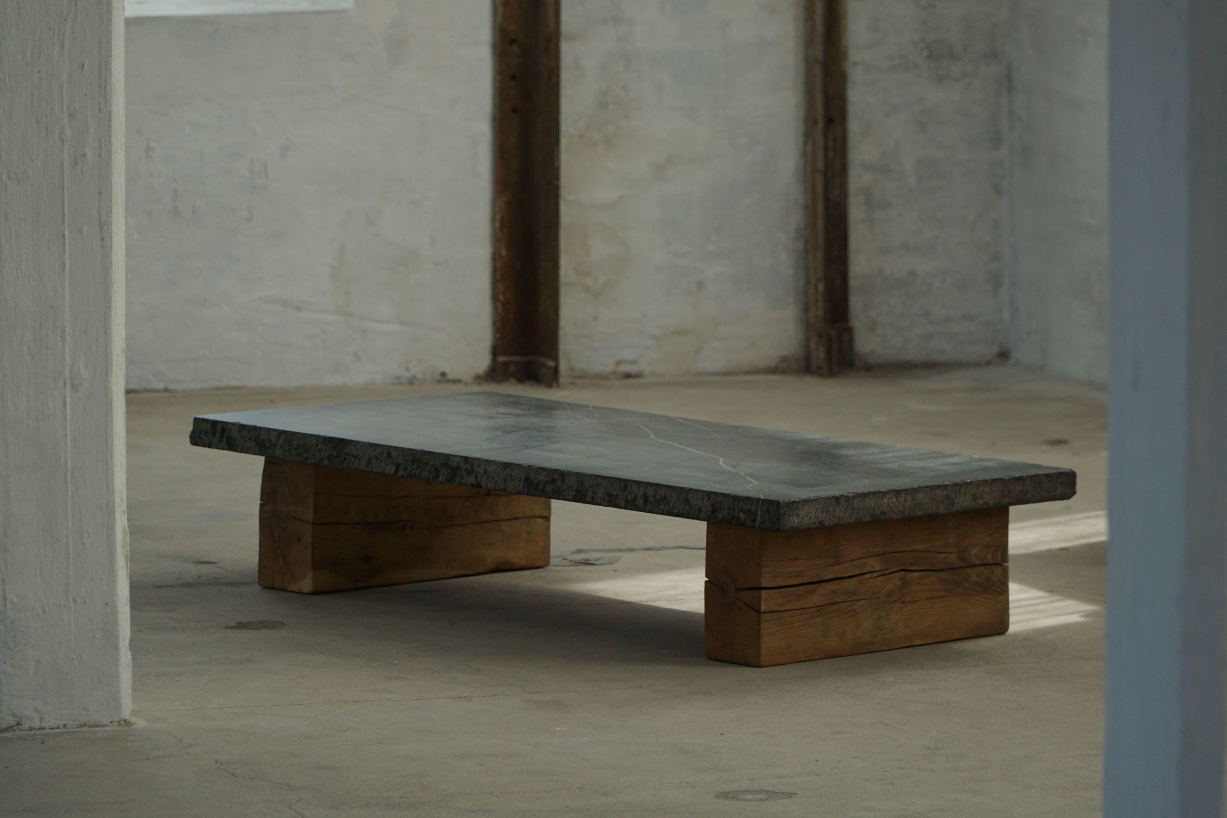 20th Century French Modern, Brutalist Stone Slab Coffee Table with Solid Wooden Legs, 1960s For Sale