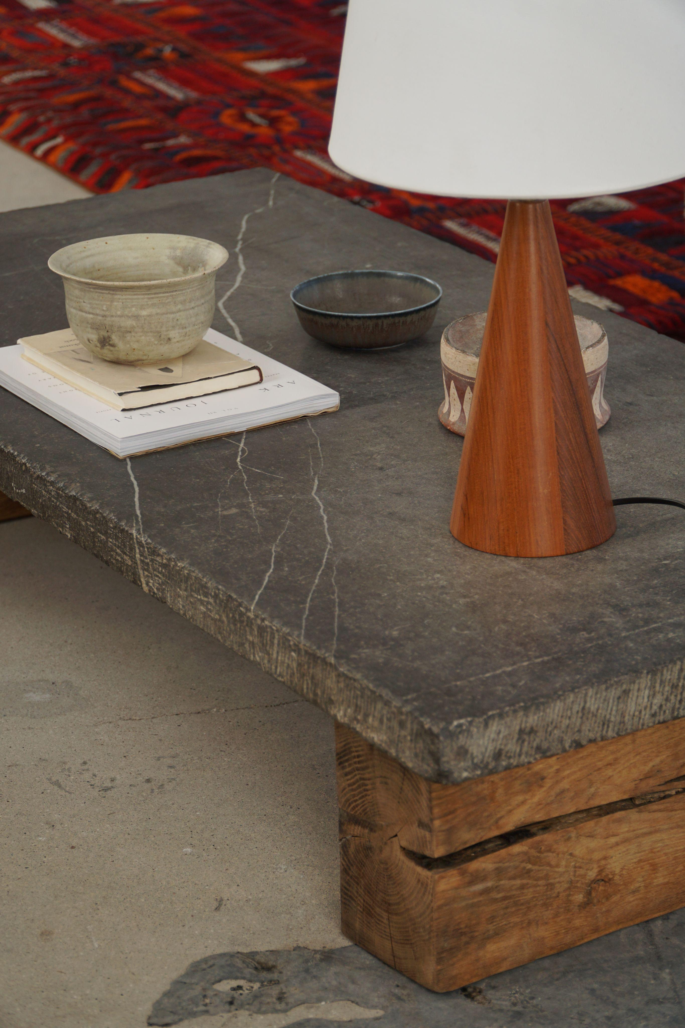 French Modern, Brutalist Stone Slab Coffee Table with Solid Wooden Legs, 1960s For Sale 1