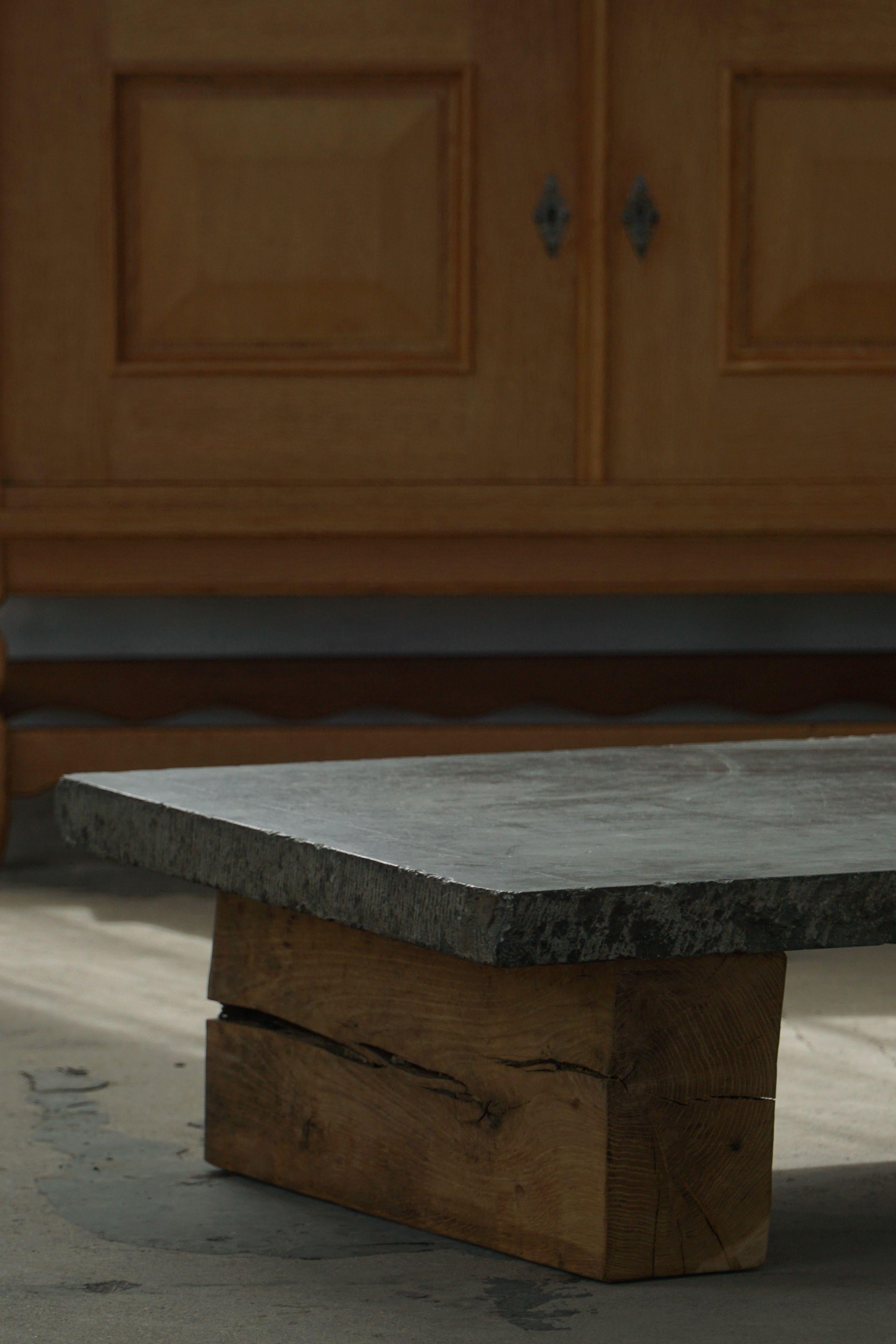 French Modern, Brutalist Stone Slab Coffee Table with Solid Wooden Legs, 1960s For Sale 2