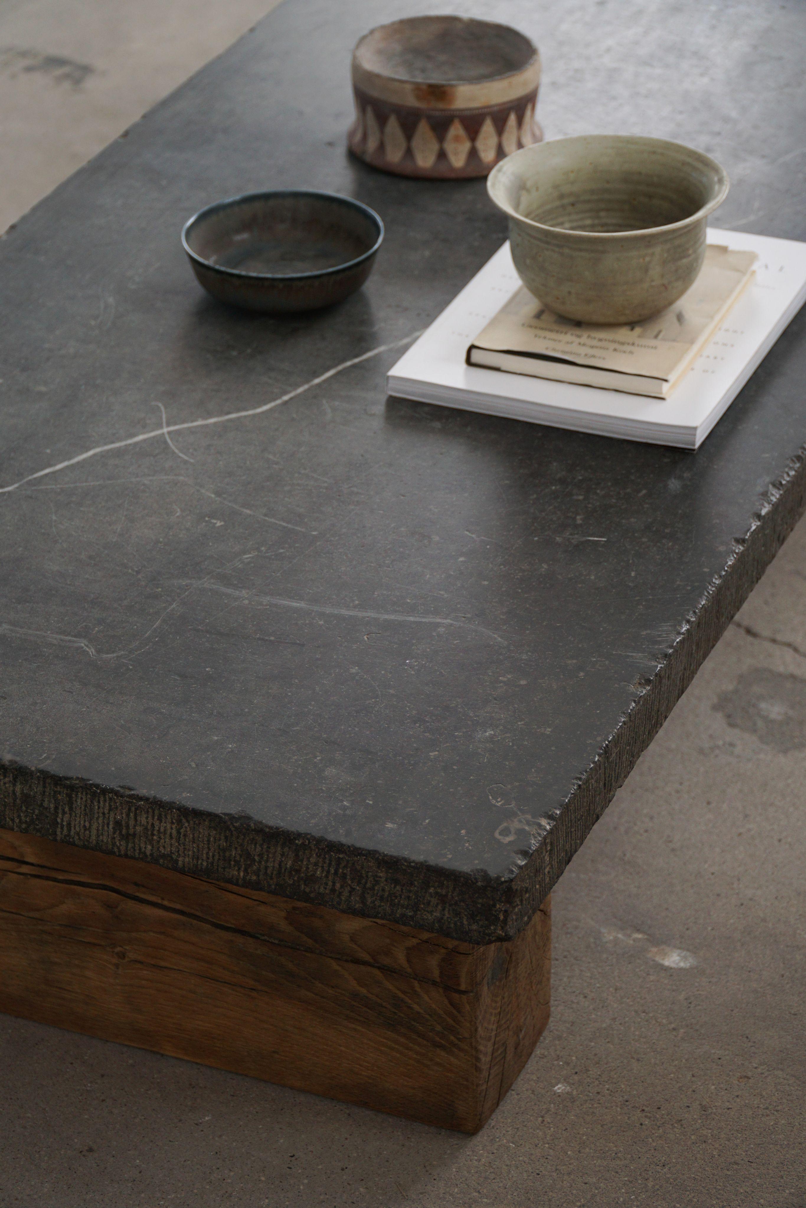 French Modern, Brutalist Stone Slab Coffee Table with Solid Wooden Legs, 1960s For Sale 5