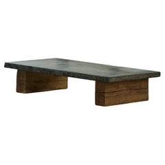 French Modern, Brutalist Stone Slab Coffee Table with Solid Wooden Legs, 1960s