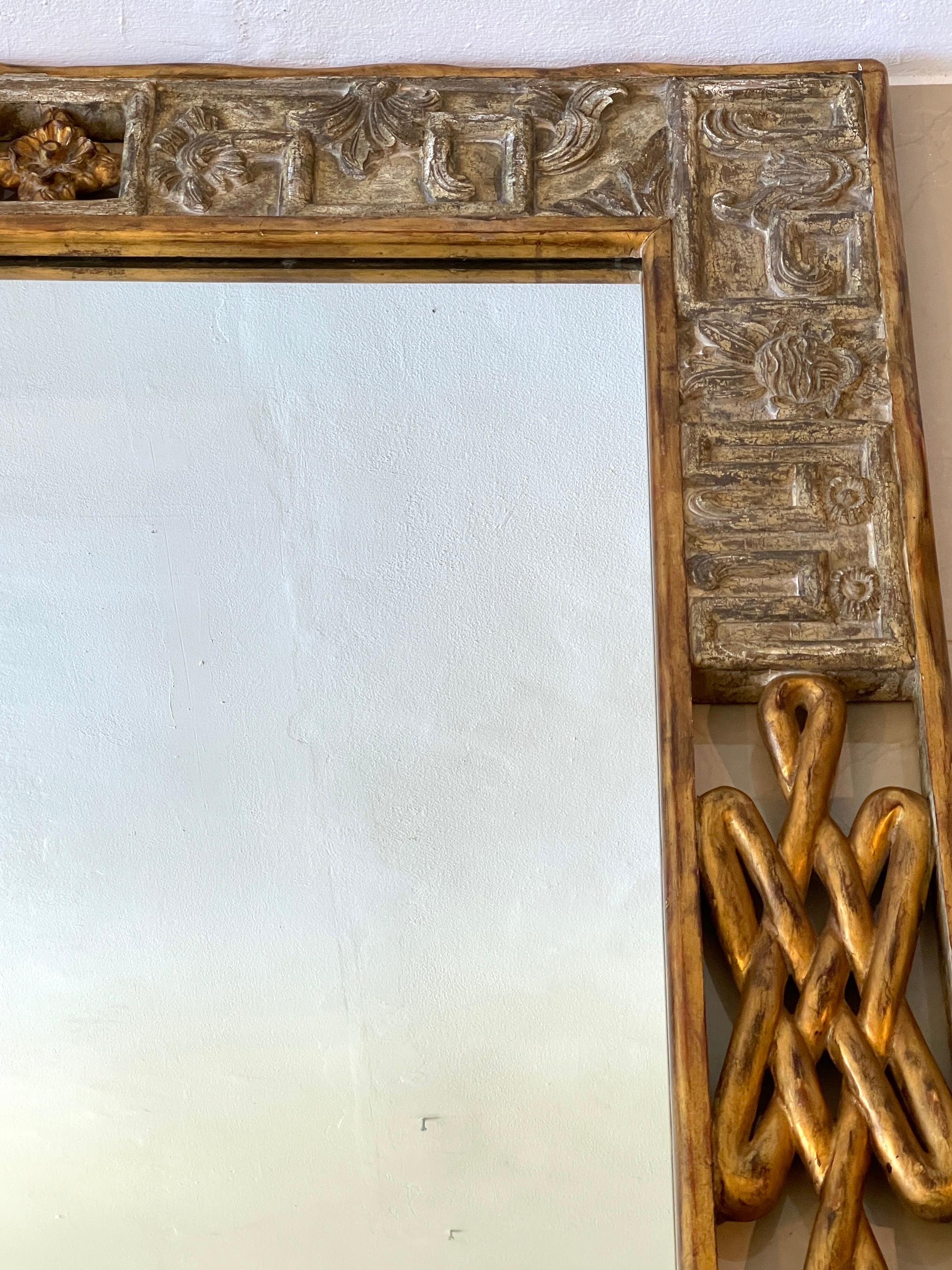 French Modern Carved Gilt & Silver Wood Mirror For Sale 4