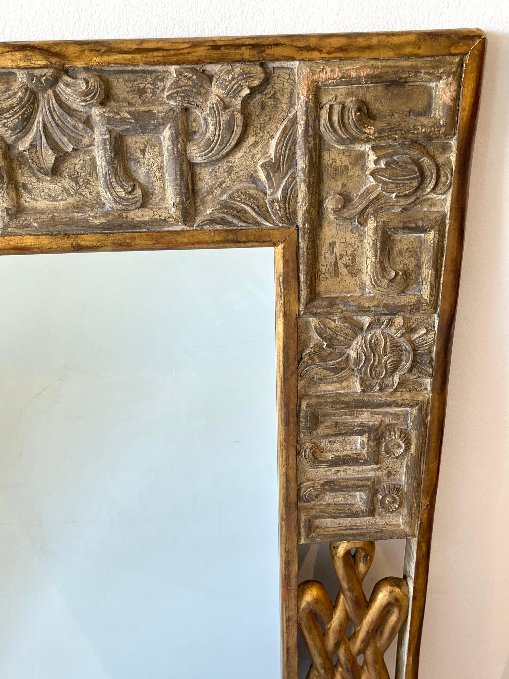 Silvered French Modern Carved Gilt & Silver Wood Mirror For Sale