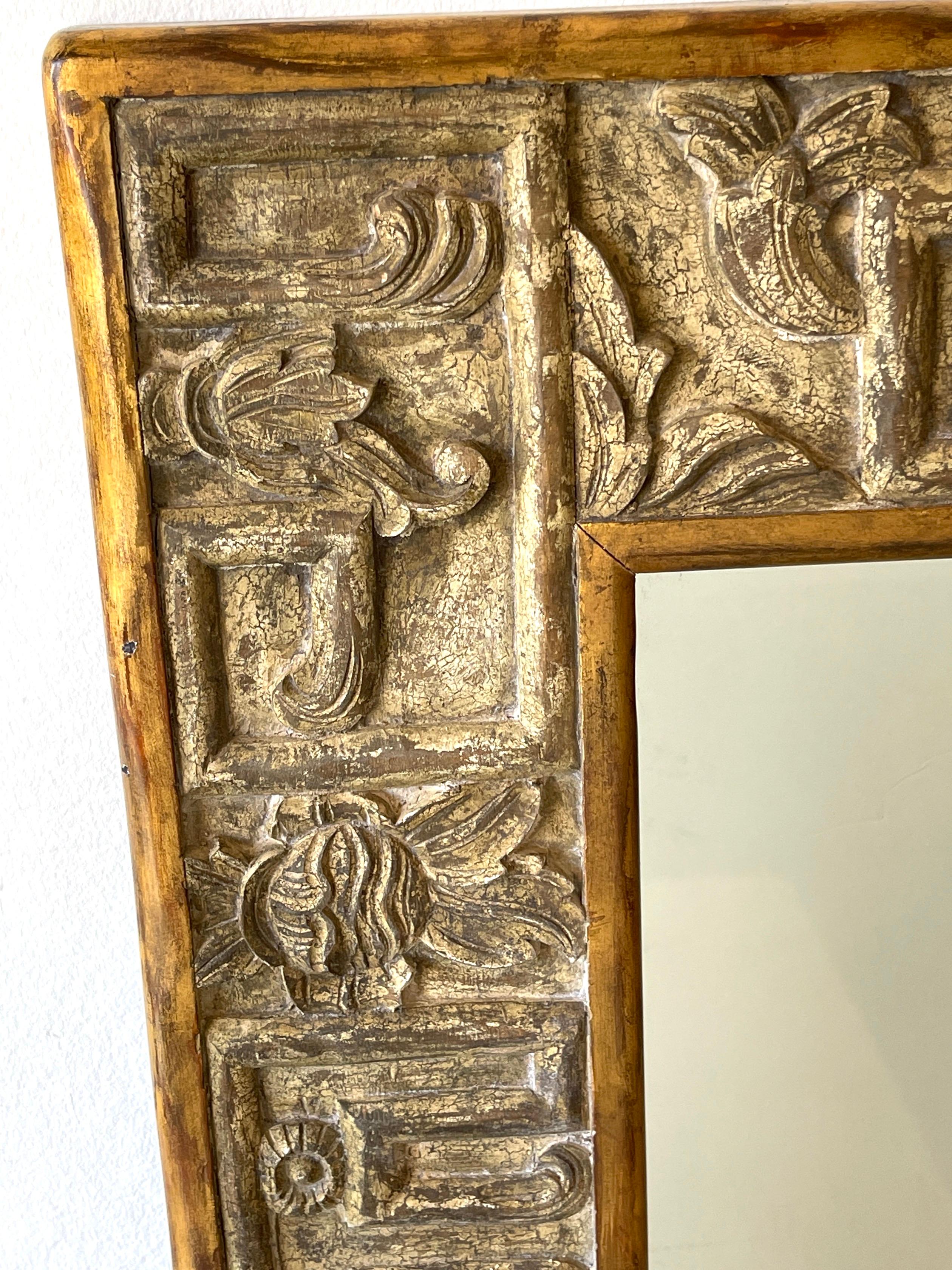 20th Century French Modern Carved Gilt & Silver Wood Mirror For Sale