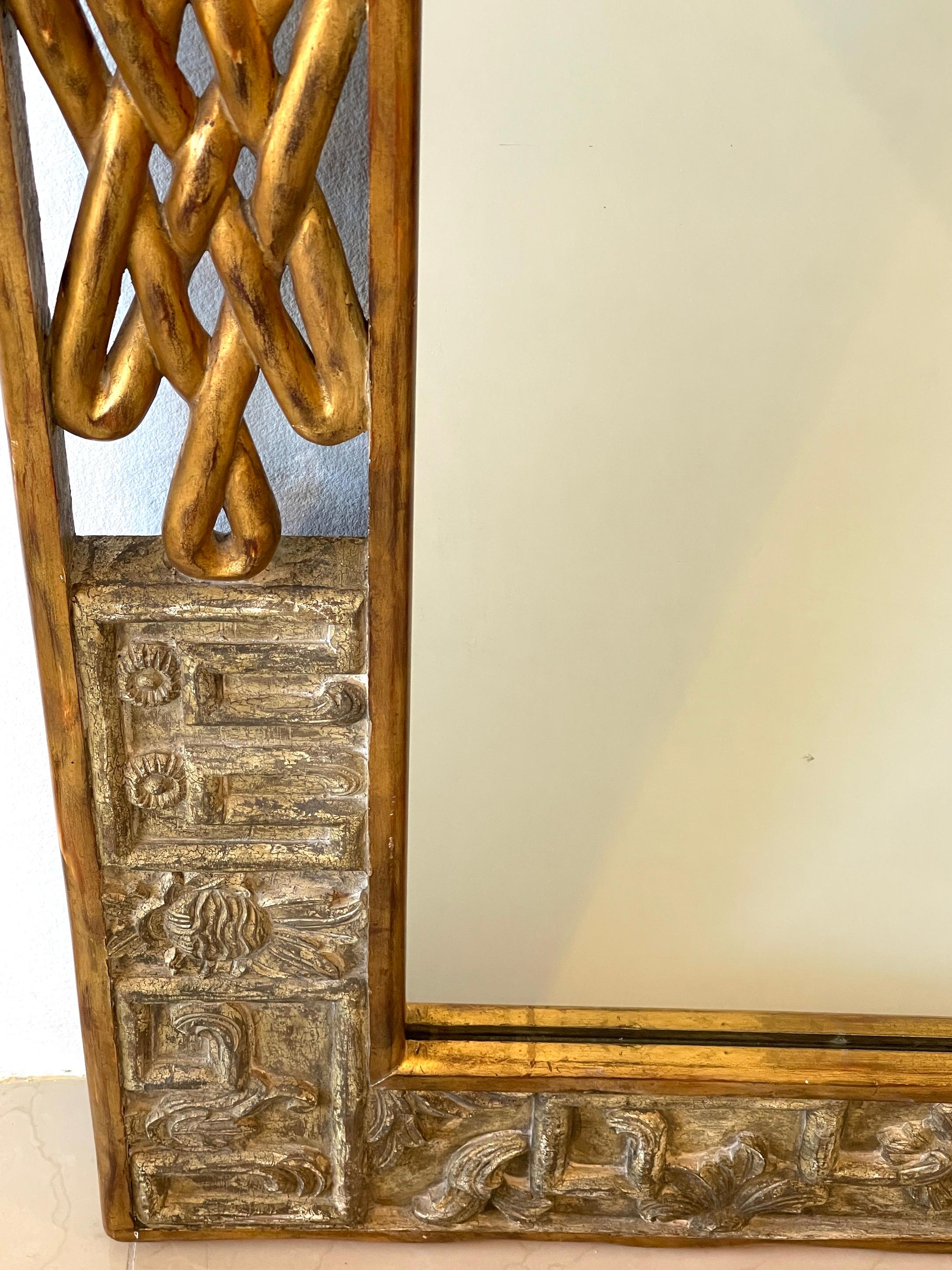 French Modern Carved Gilt & Silver Wood Mirror For Sale 1