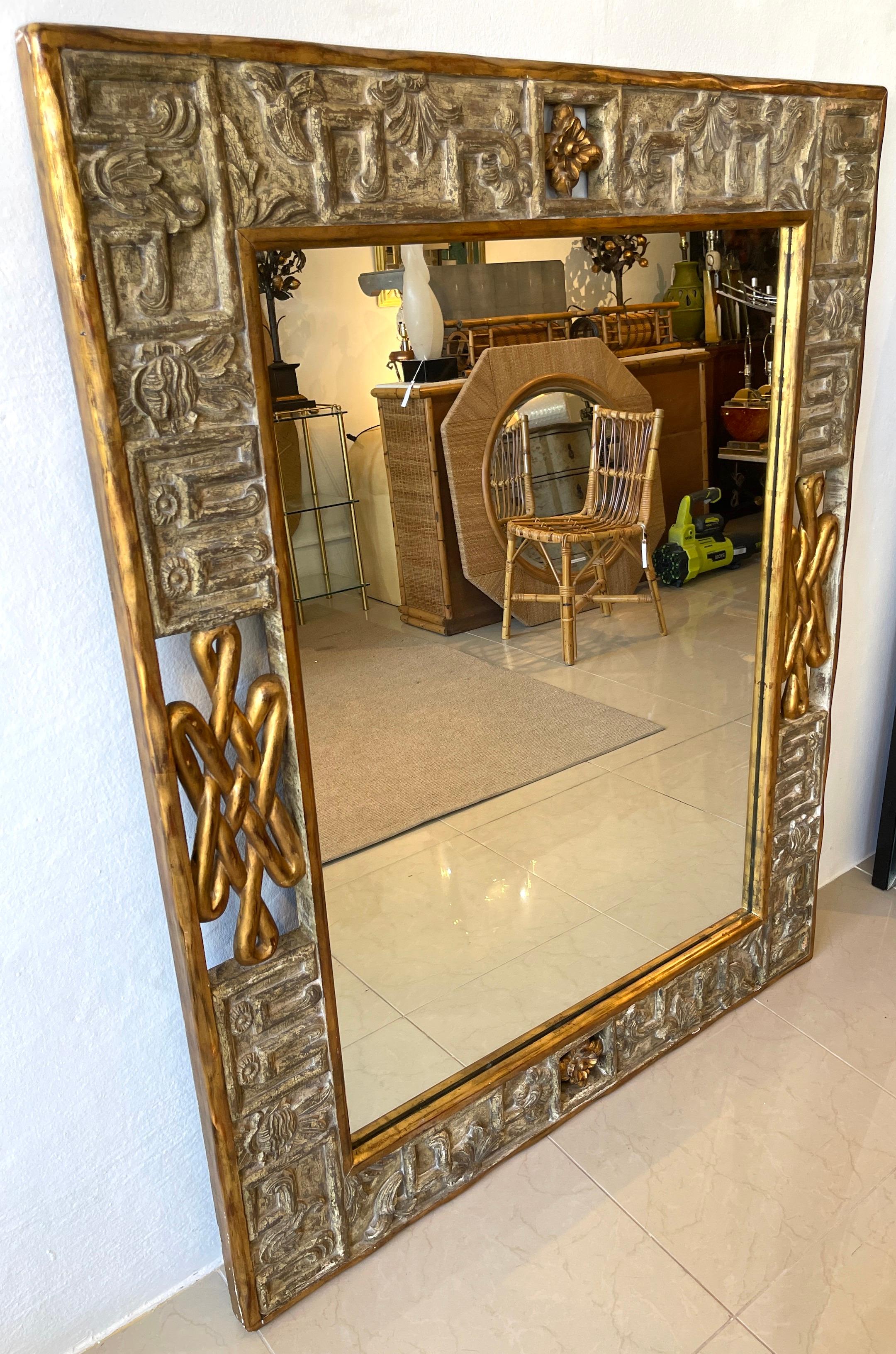 French Modern Carved Gilt & Silver Wood Mirror For Sale 2