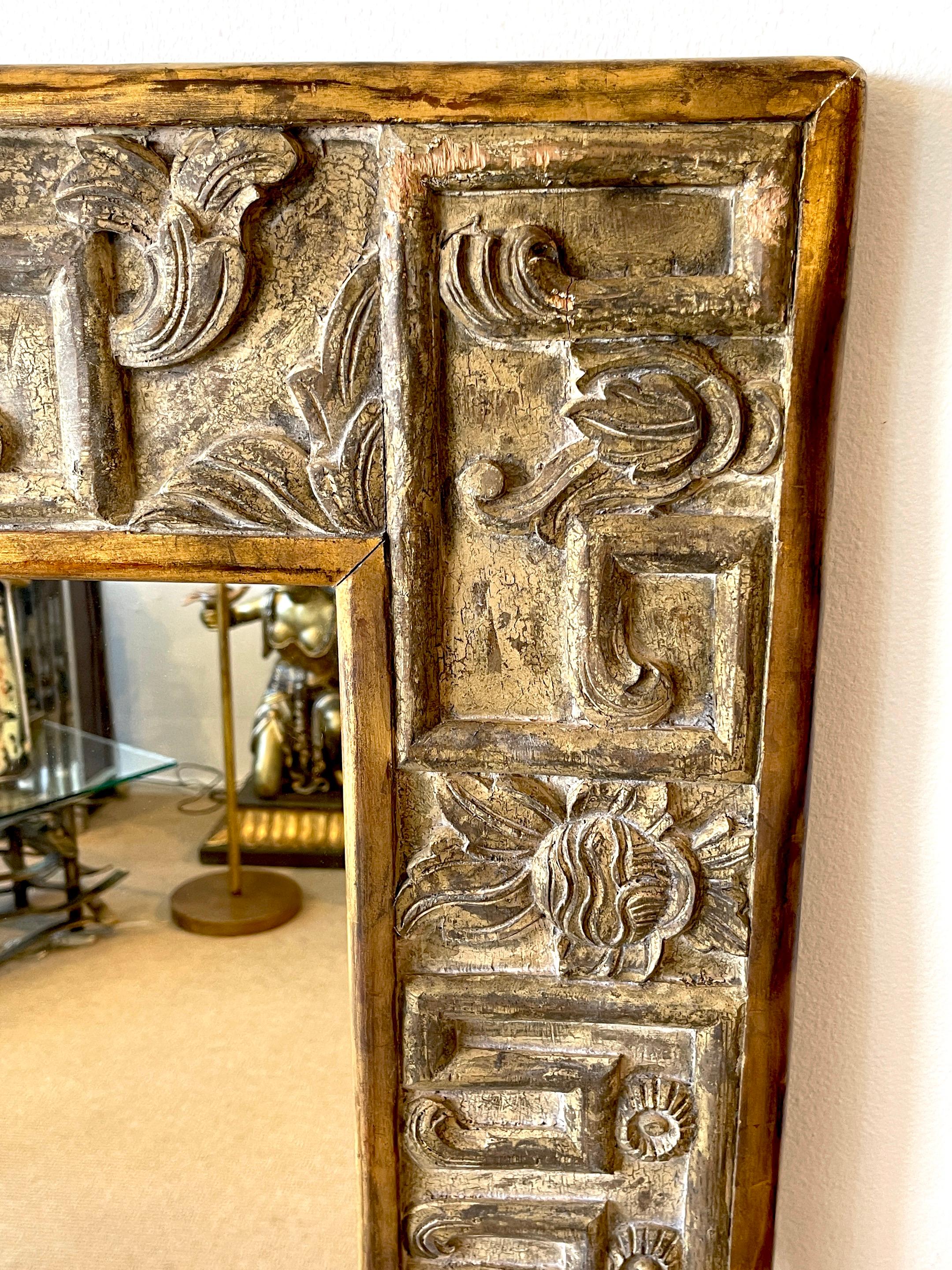 French Modern Carved Gilt & Silver Wood Mirror For Sale 3