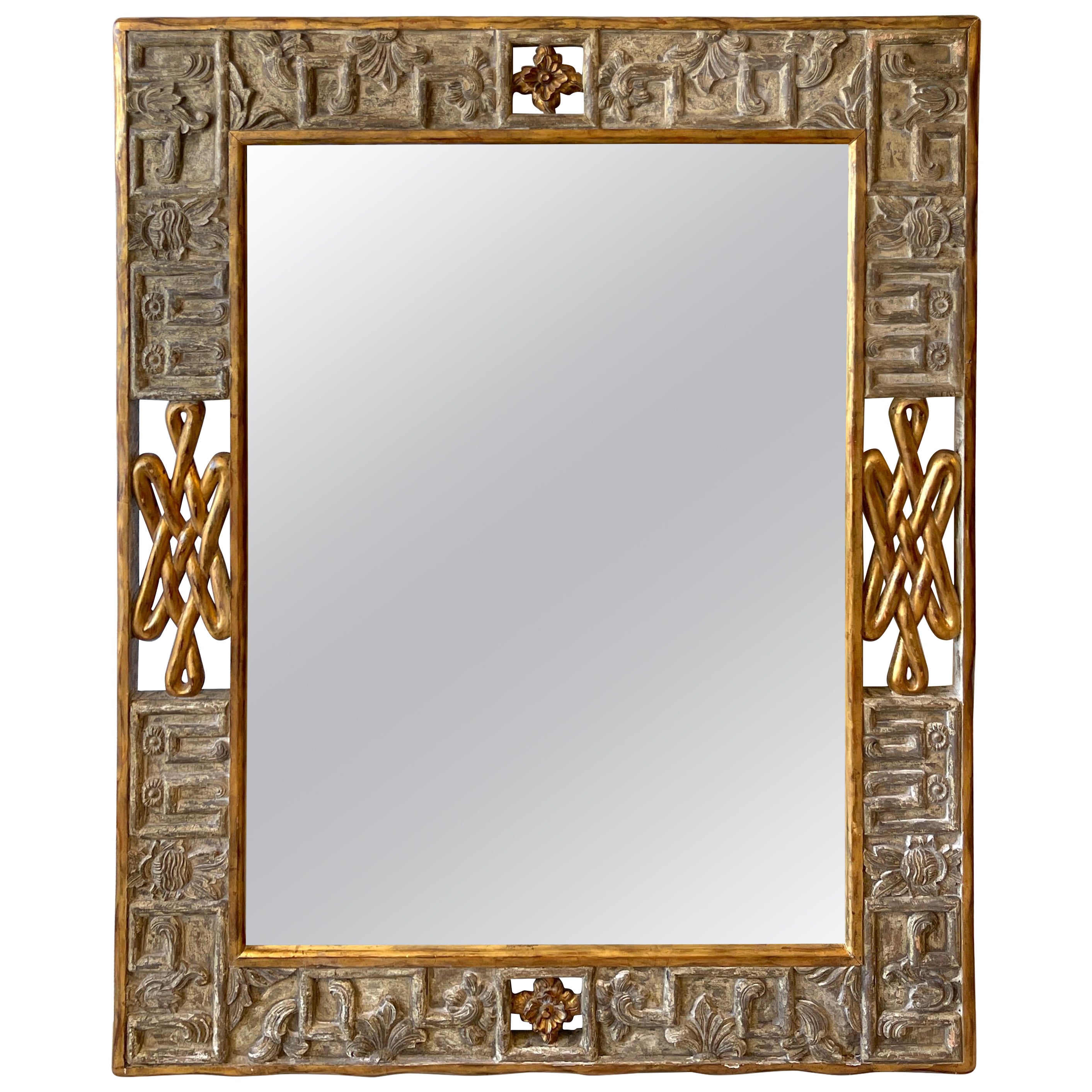 Miroir moderne français sculpté en bois doré et argenté en vente