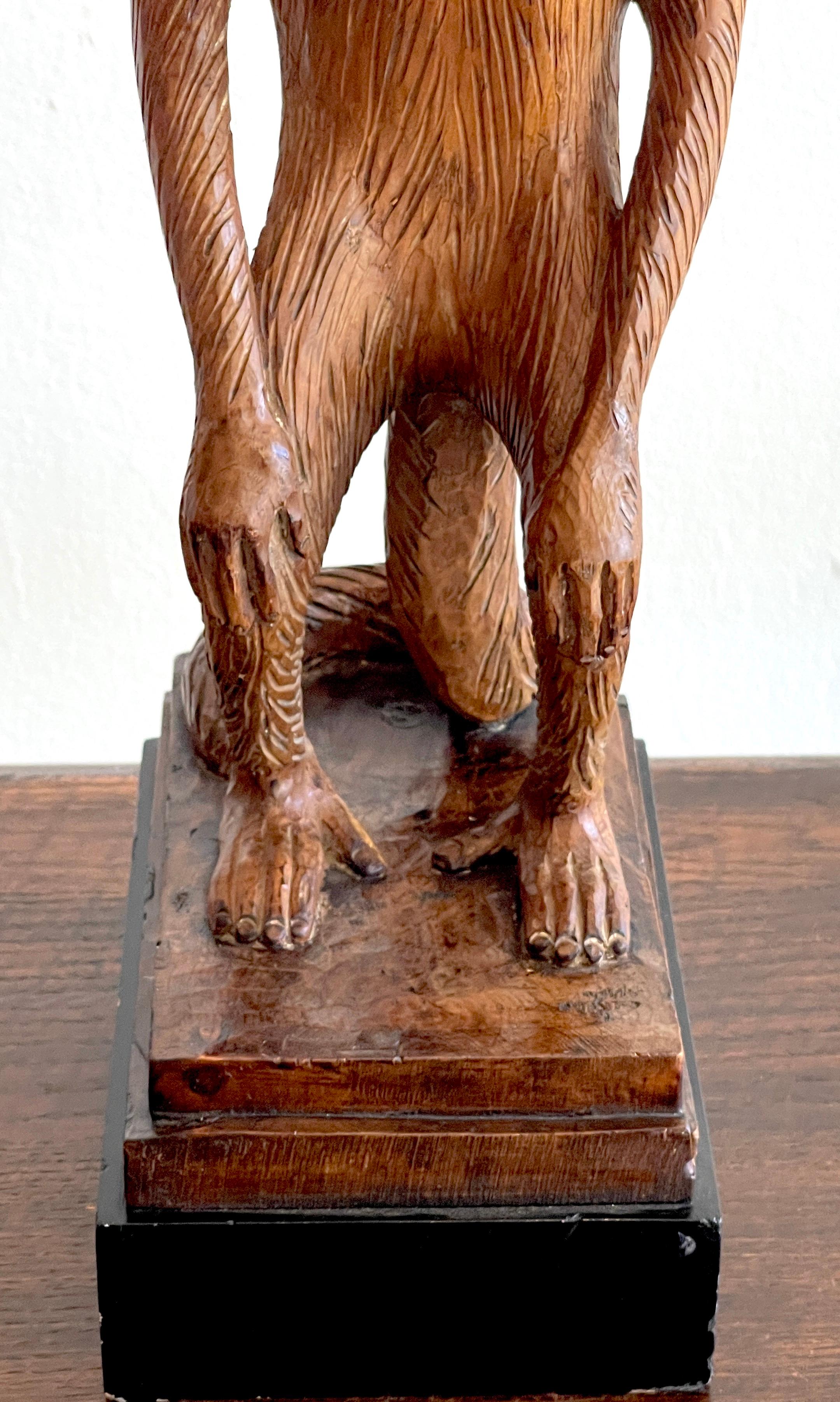French Modern Carved Pine Sculpture of a Standing Monkey In Good Condition For Sale In West Palm Beach, FL