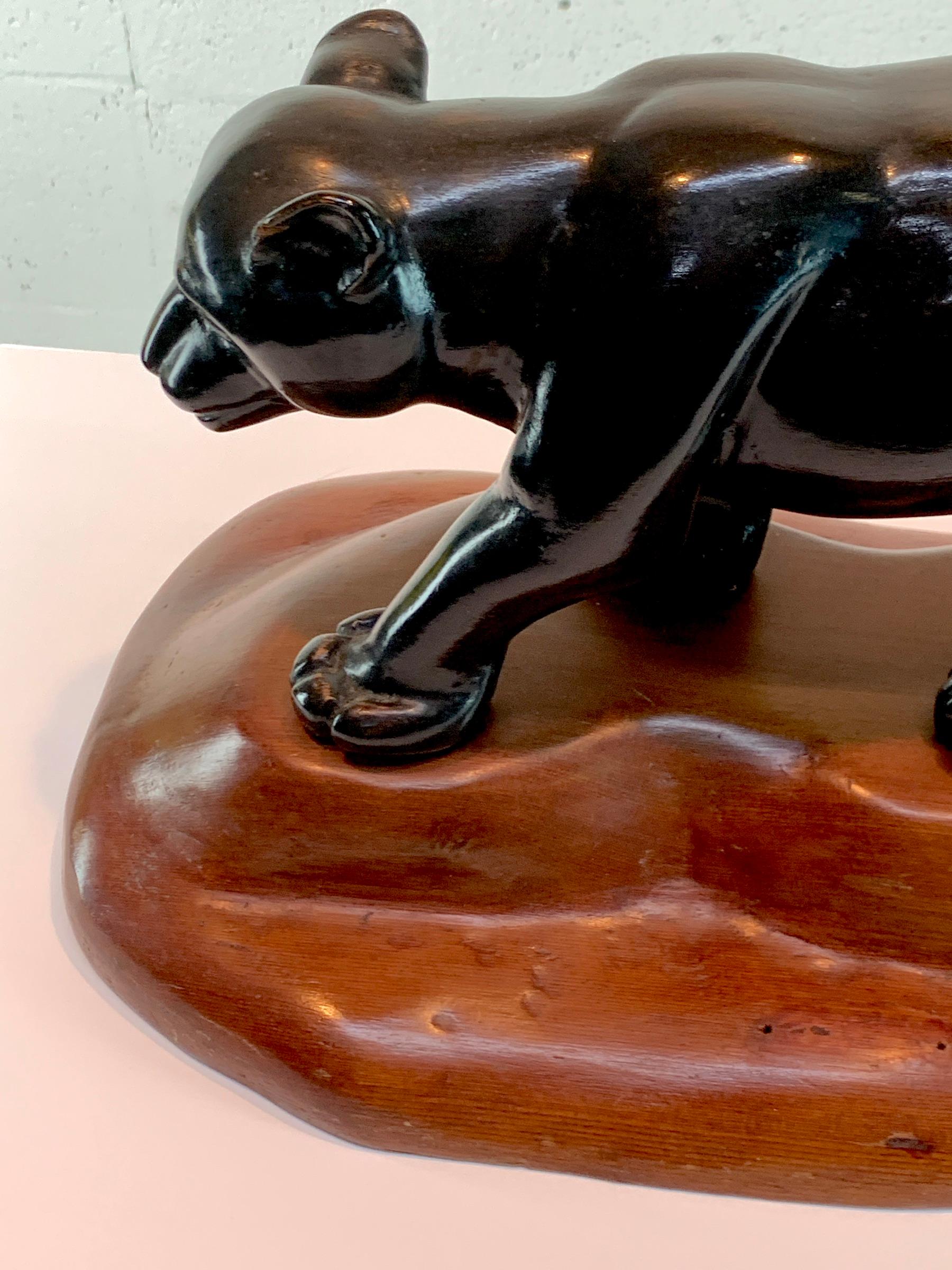 Hand-Carved French Modern Carved Wood Sculpture of Black Panther/ Jaguar For Sale