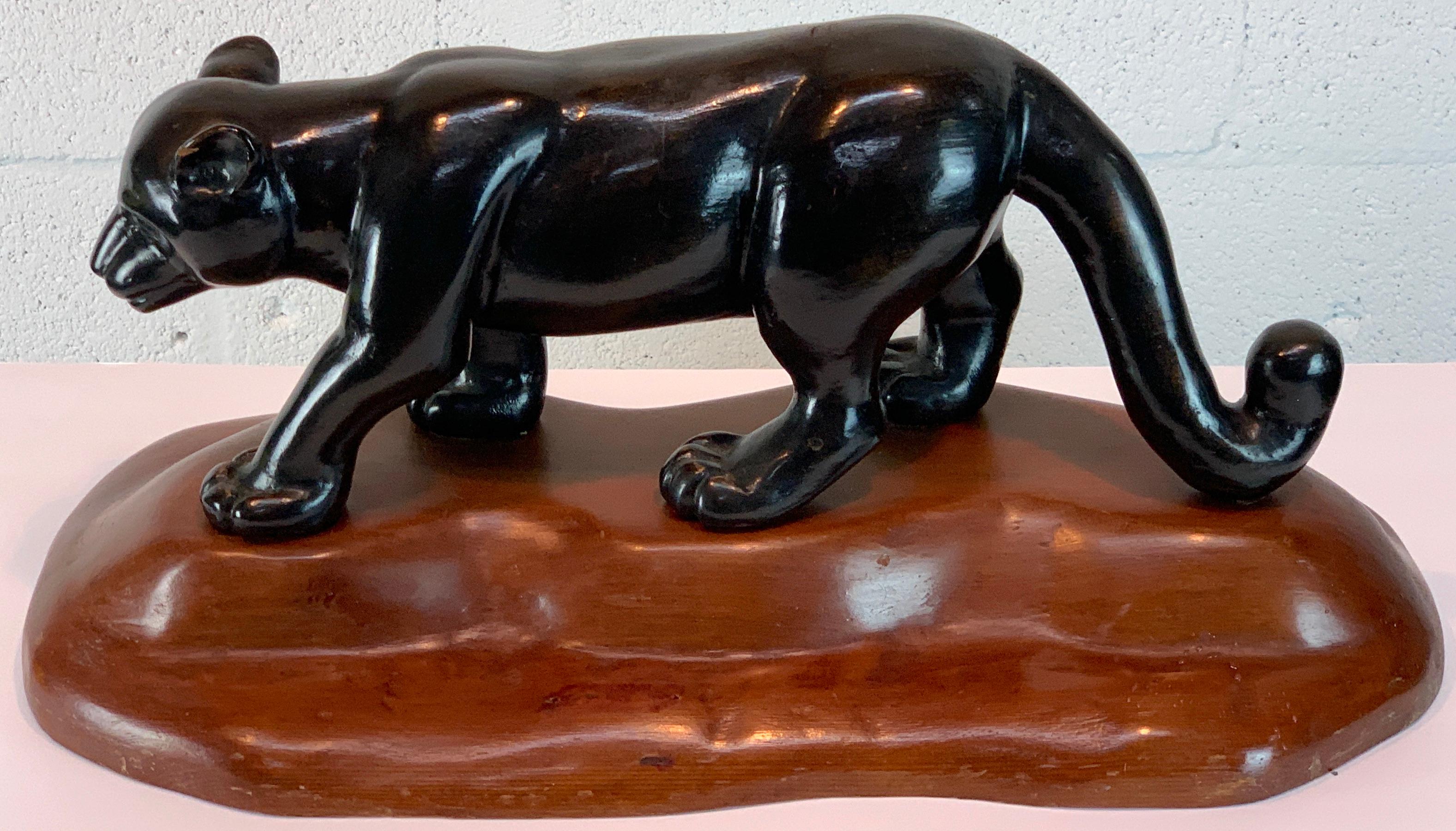 20th Century French Modern Carved Wood Sculpture of Black Panther/ Jaguar For Sale