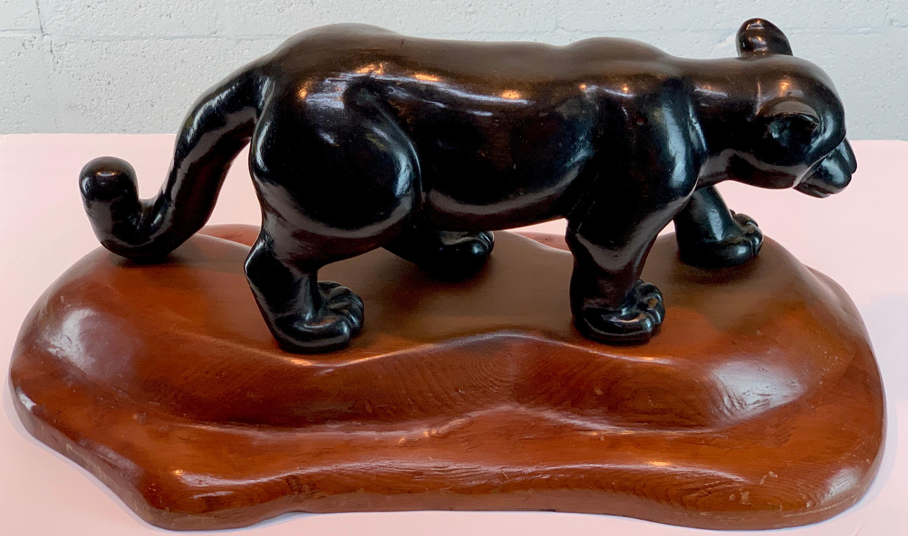 French Modern Carved Wood Sculpture of Black Panther/ Jaguar For Sale 2