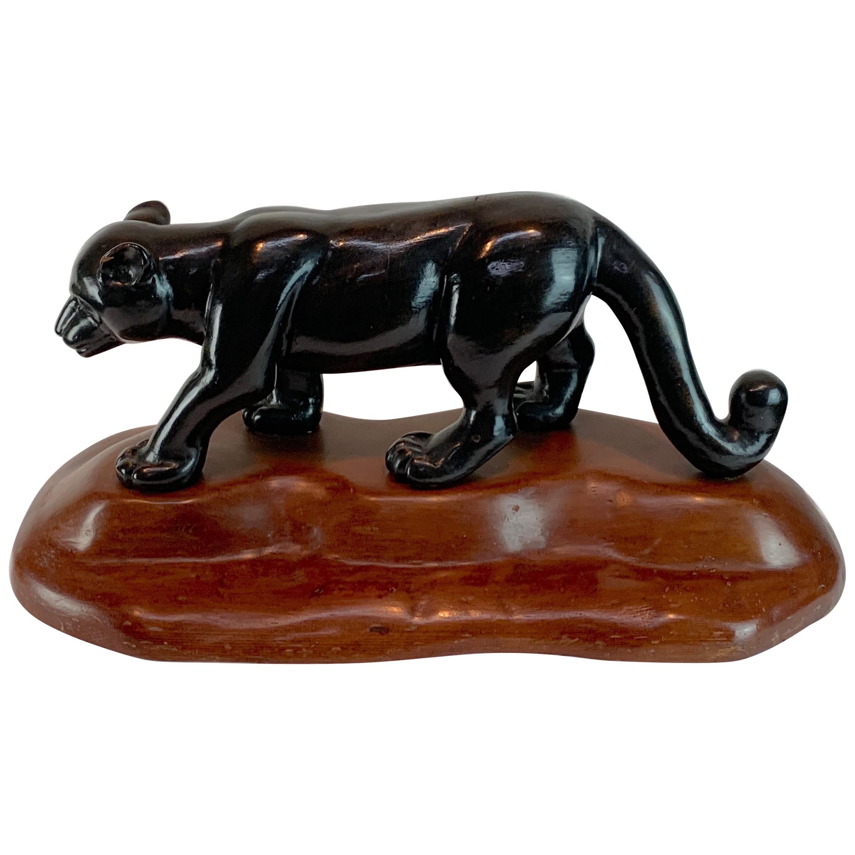 French Modern Carved Wood Sculpture of Black Panther/ Jaguar