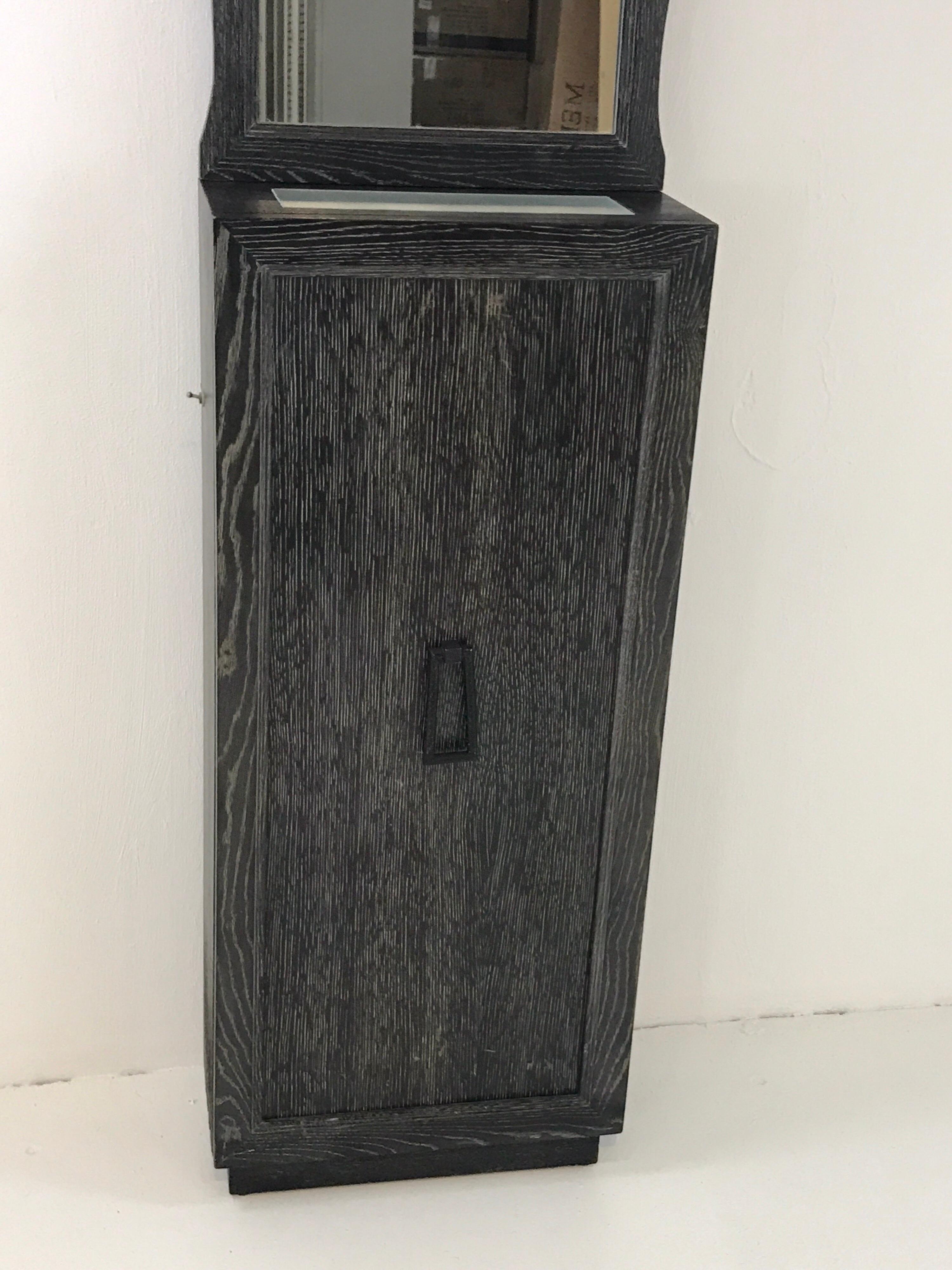 French Modern Cerused Pedestal Cabinet and Mirror In Good Condition In West Palm Beach, FL