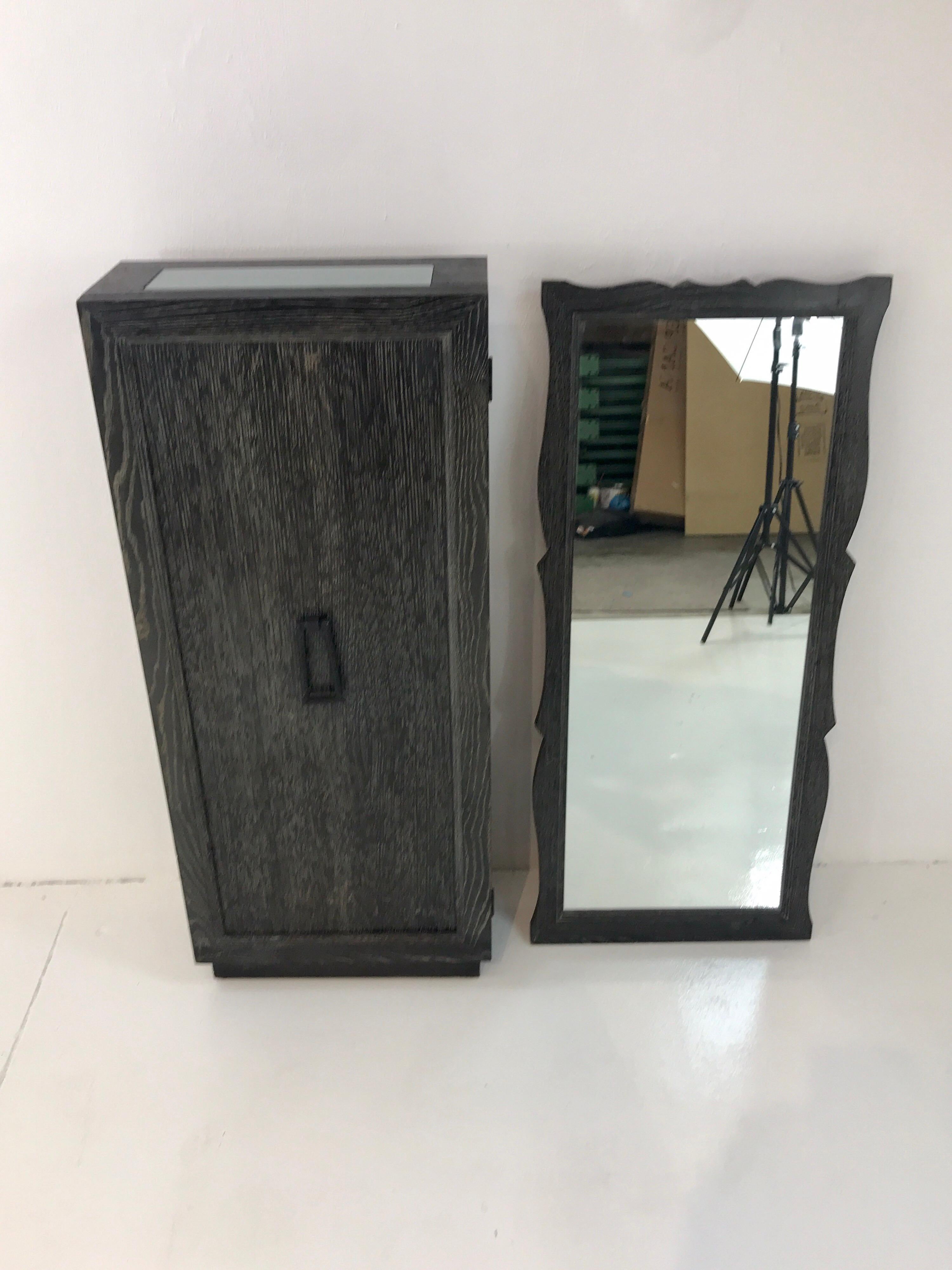 French Modern Cerused Pedestal Cabinet and Mirror 1