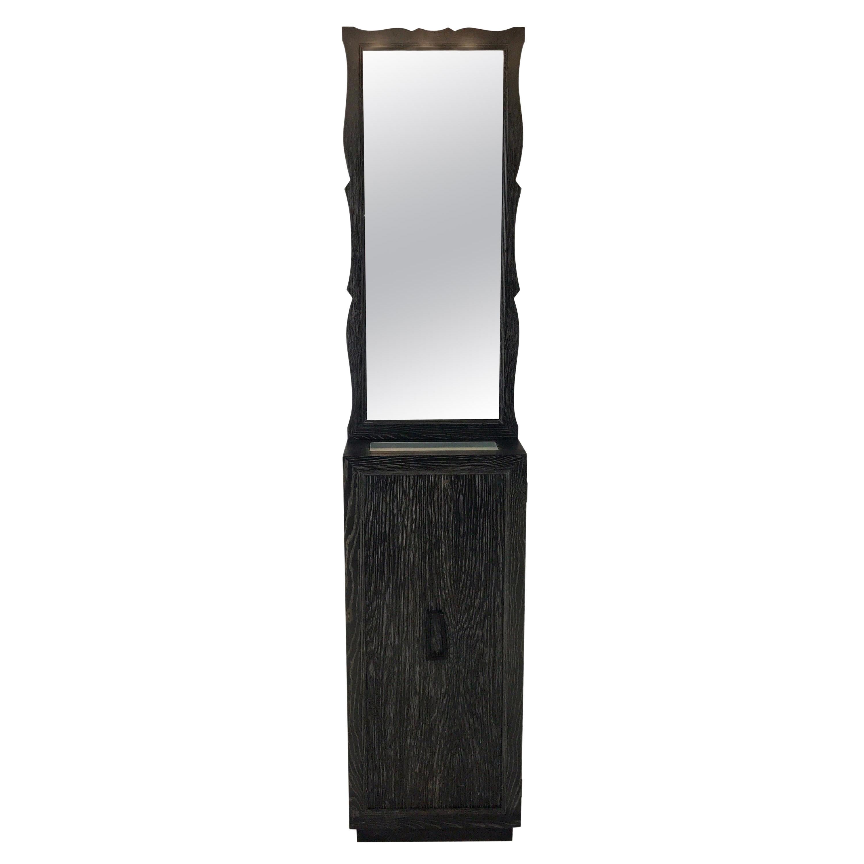 French Modern Cerused Pedestal Cabinet and Mirror