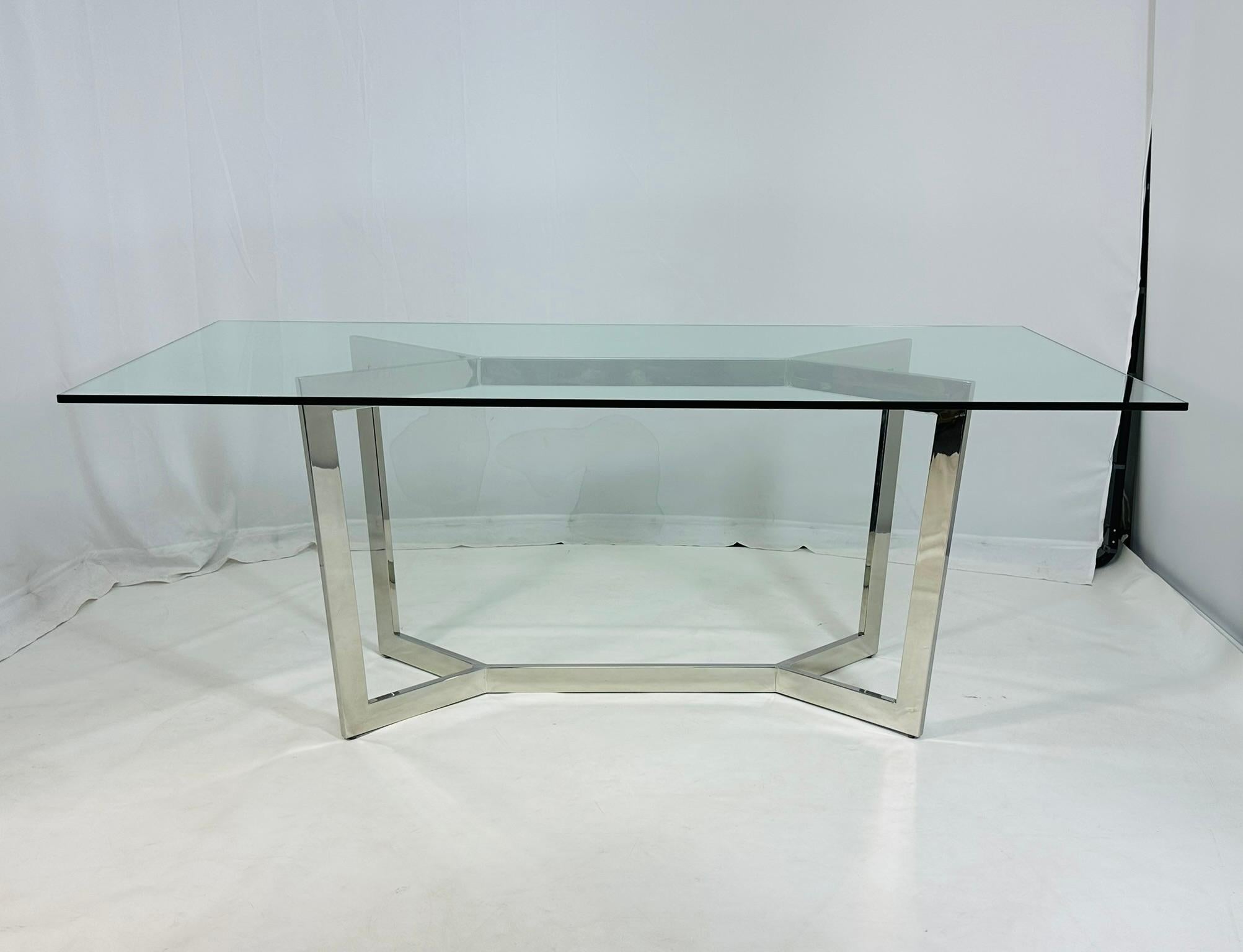 Mesa de Comedor Moderna Francesa de Cromo y Cristal al Estilo de Paul Legeard, S. XX Acero en venta
