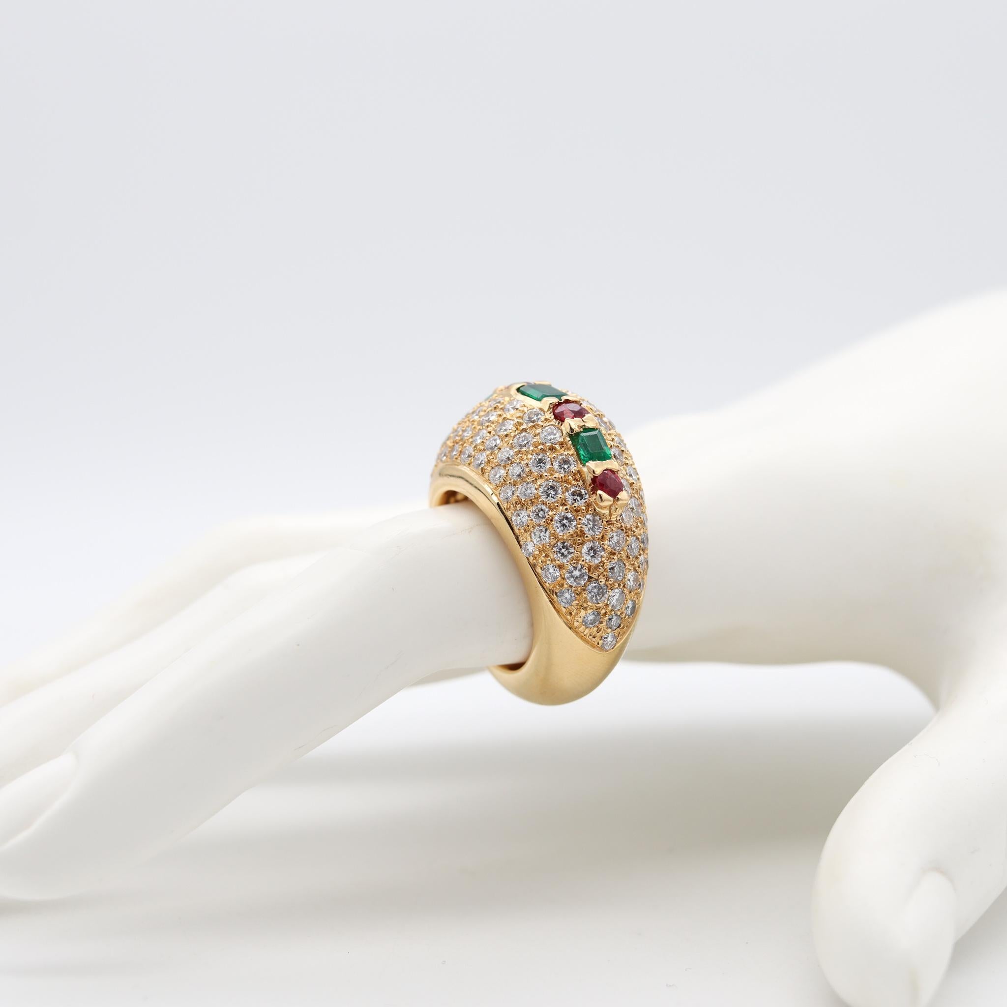 Mixed Cut French Modern Cocktail Ring in 18Kt Gold with 7.32 Cts Diamonds Emerald Rubies