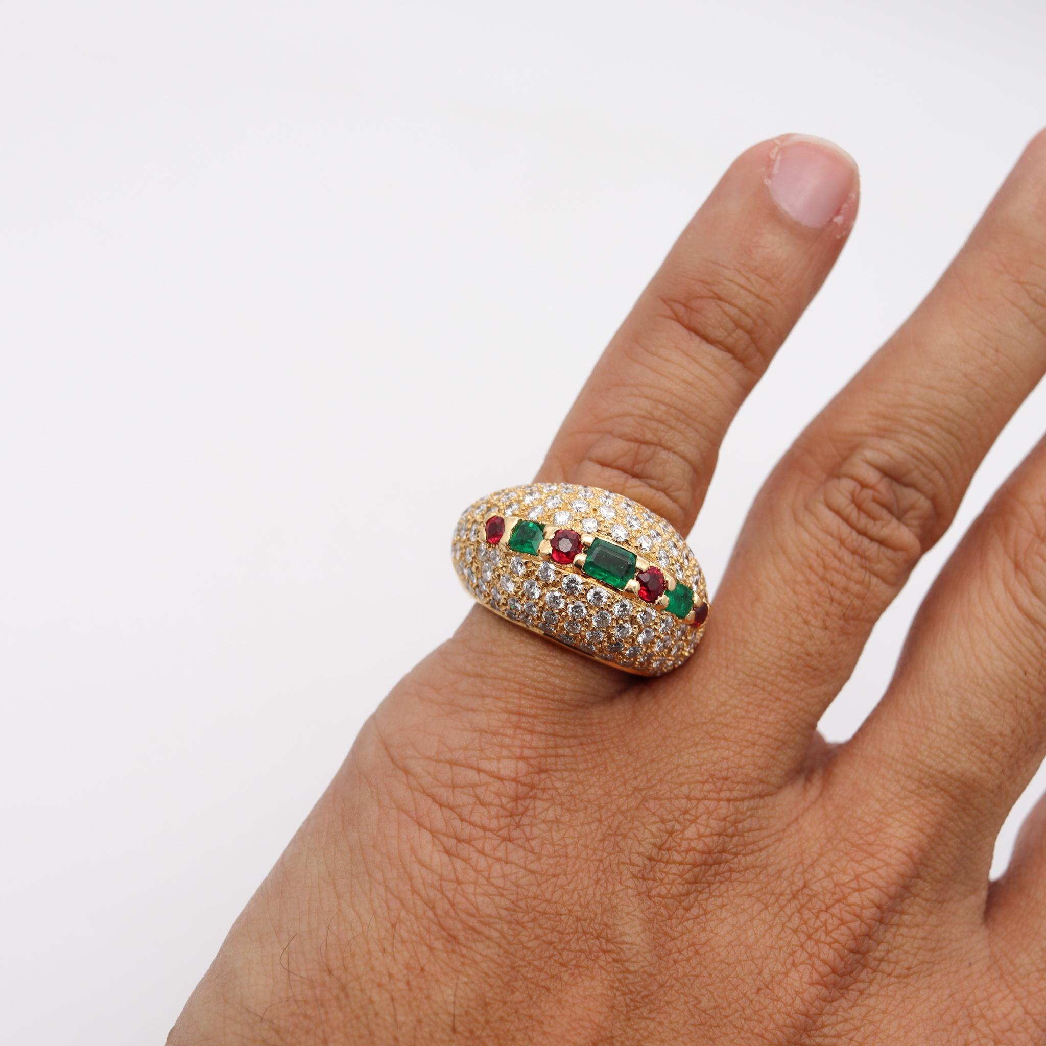 French Modern Cocktail Ring in 18Kt Gold with 7.32 Cts Diamonds Emerald Rubies In Excellent Condition In Miami, FL