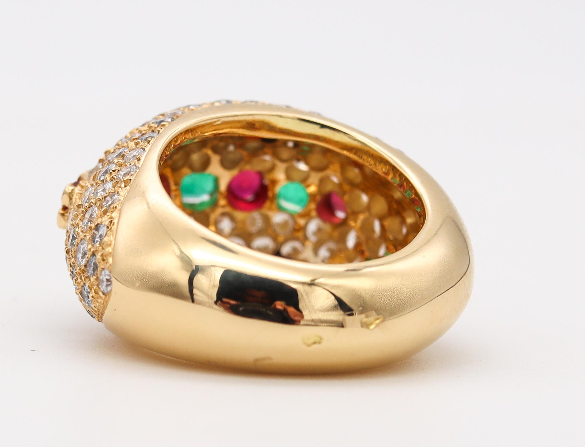 Women's French Modern Cocktail Ring in 18Kt Gold with 7.32 Cts Diamonds Emerald Rubies