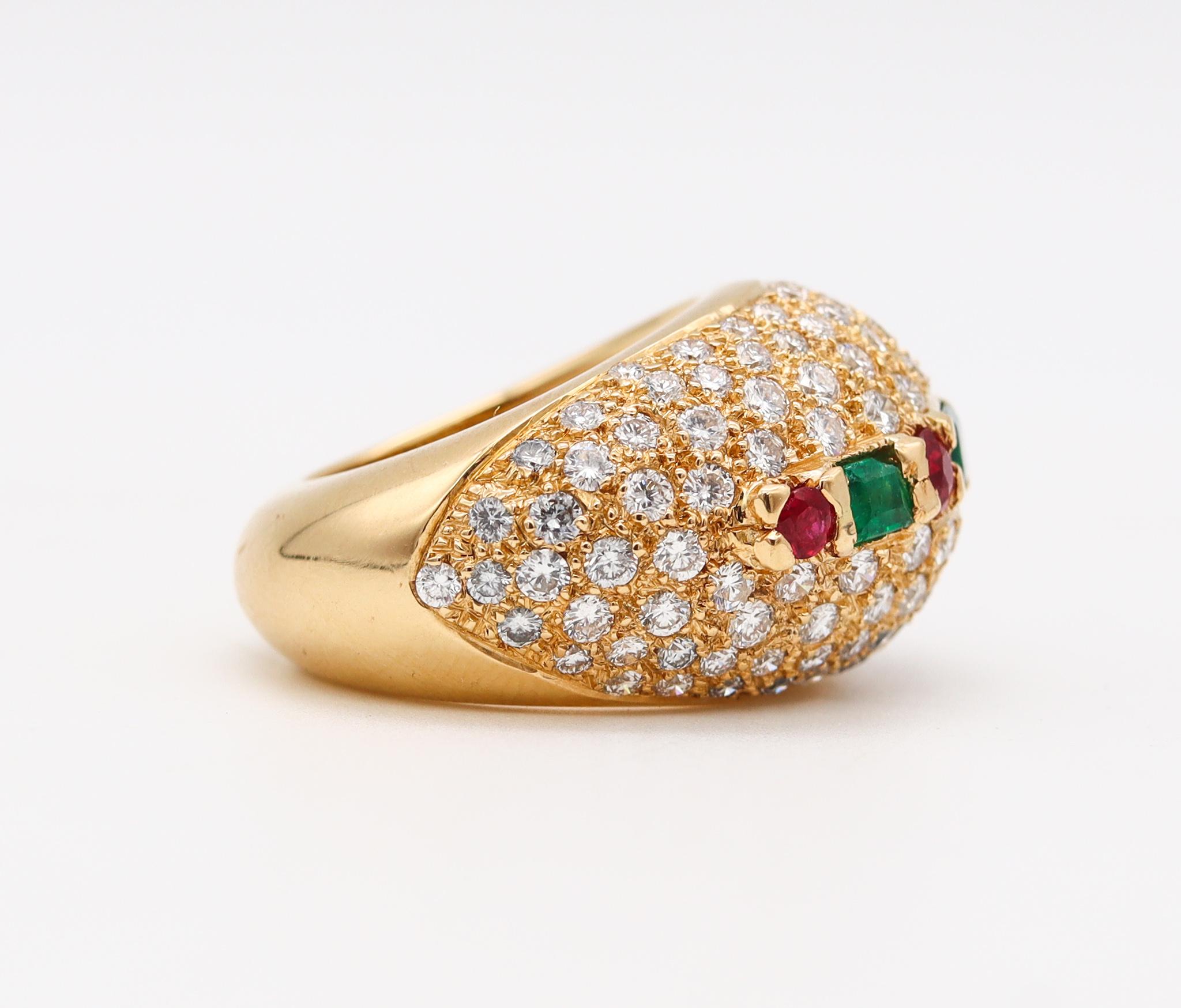 French Modern Cocktail Ring in 18Kt Gold with 7.32 Cts Diamonds Emerald Rubies 1