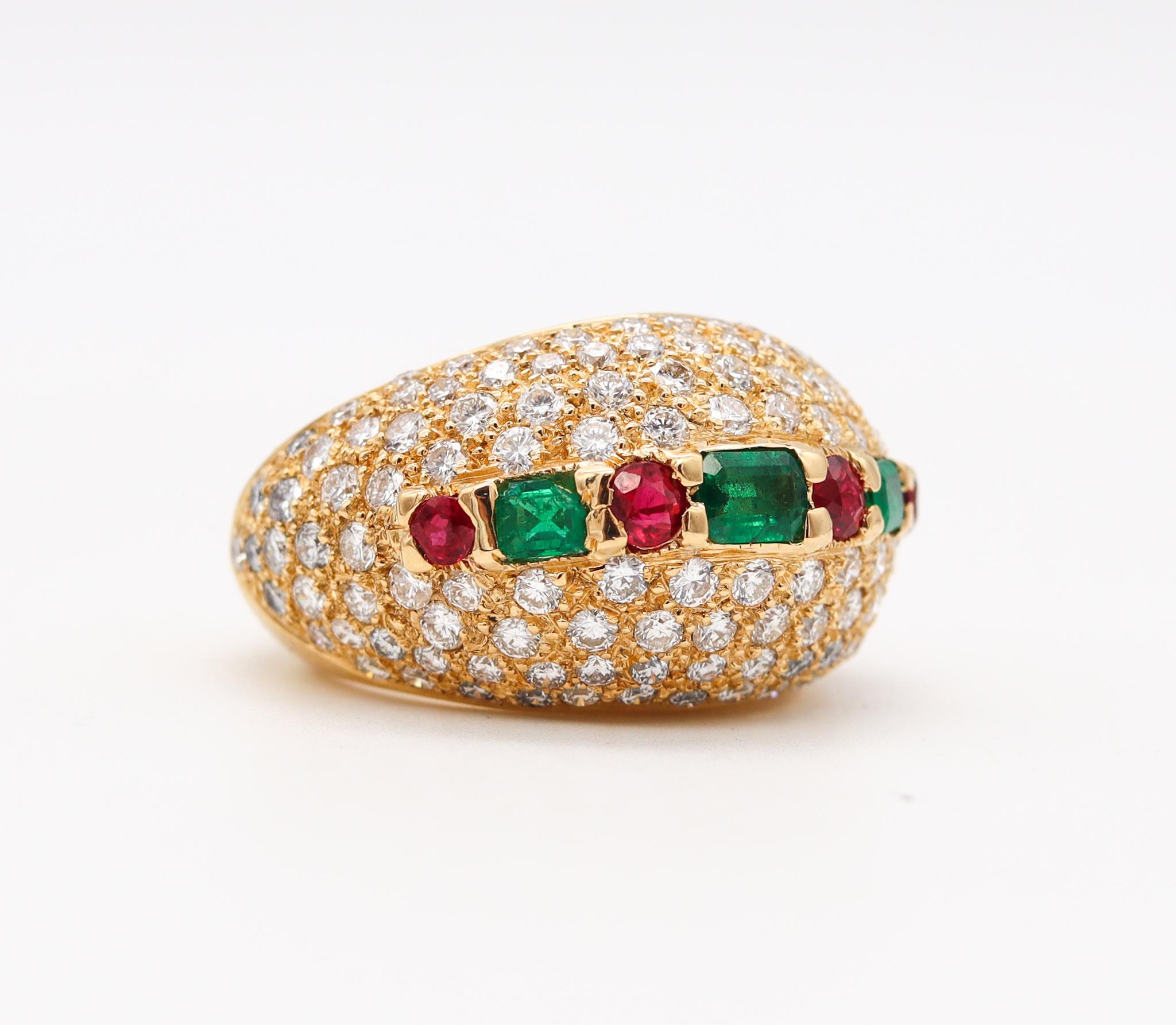 French Modern Cocktail Ring in 18Kt Gold with 7.32 Cts Diamonds Emerald Rubies 2