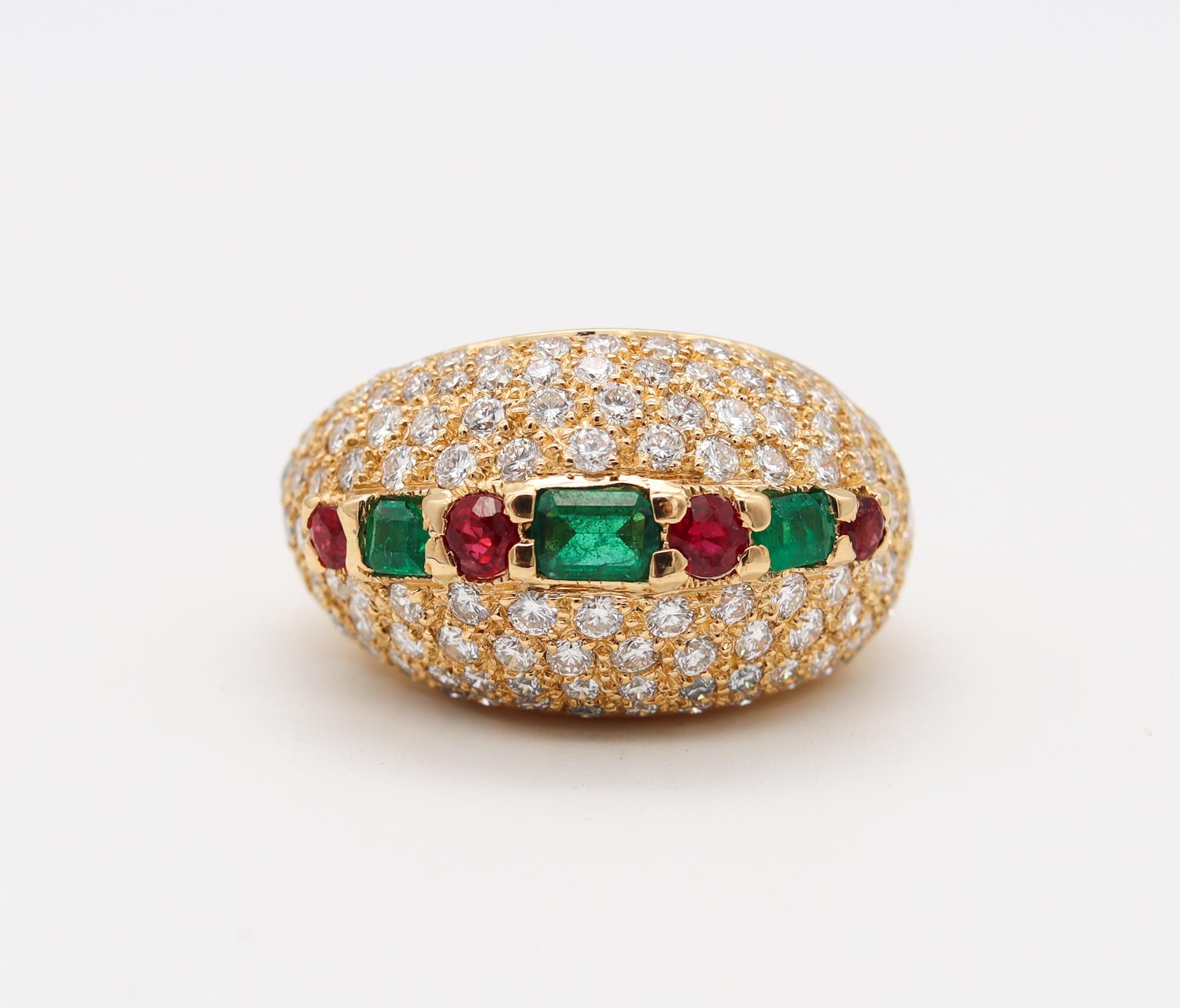 French Modern Cocktail Ring in 18Kt Gold with 7.32 Cts Diamonds Emerald Rubies 3