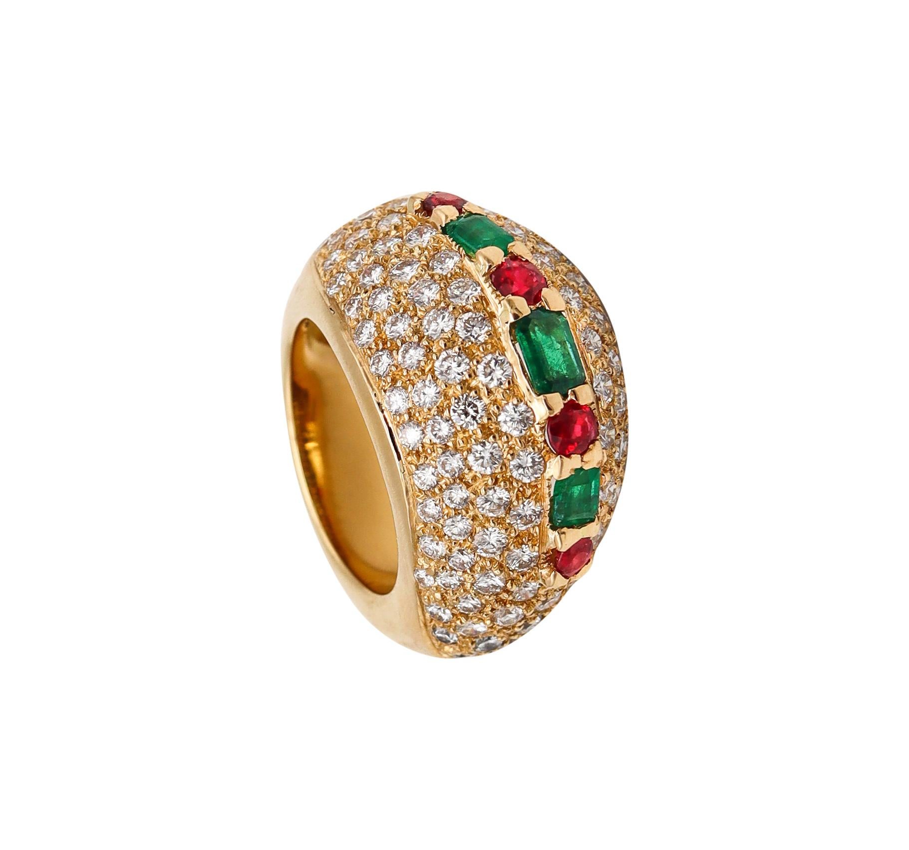 French Modern Cocktail Ring in 18Kt Gold with 7.32 Cts Diamonds Emerald Rubies 4
