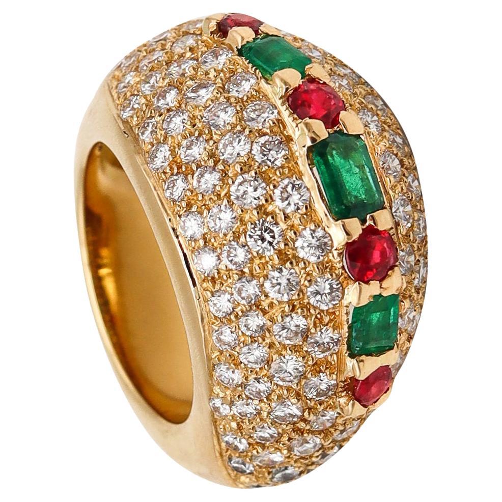 French Modern Cocktail Ring in 18Kt Gold with 7.32 Cts Diamonds Emerald Rubies