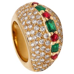 French Modern Cocktail Ring in 18Kt Gold with 7.32 Cts Diamonds Emerald Rubies