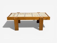 French Modern, Coffee Table, Pine, Ceramic, France, 1970s