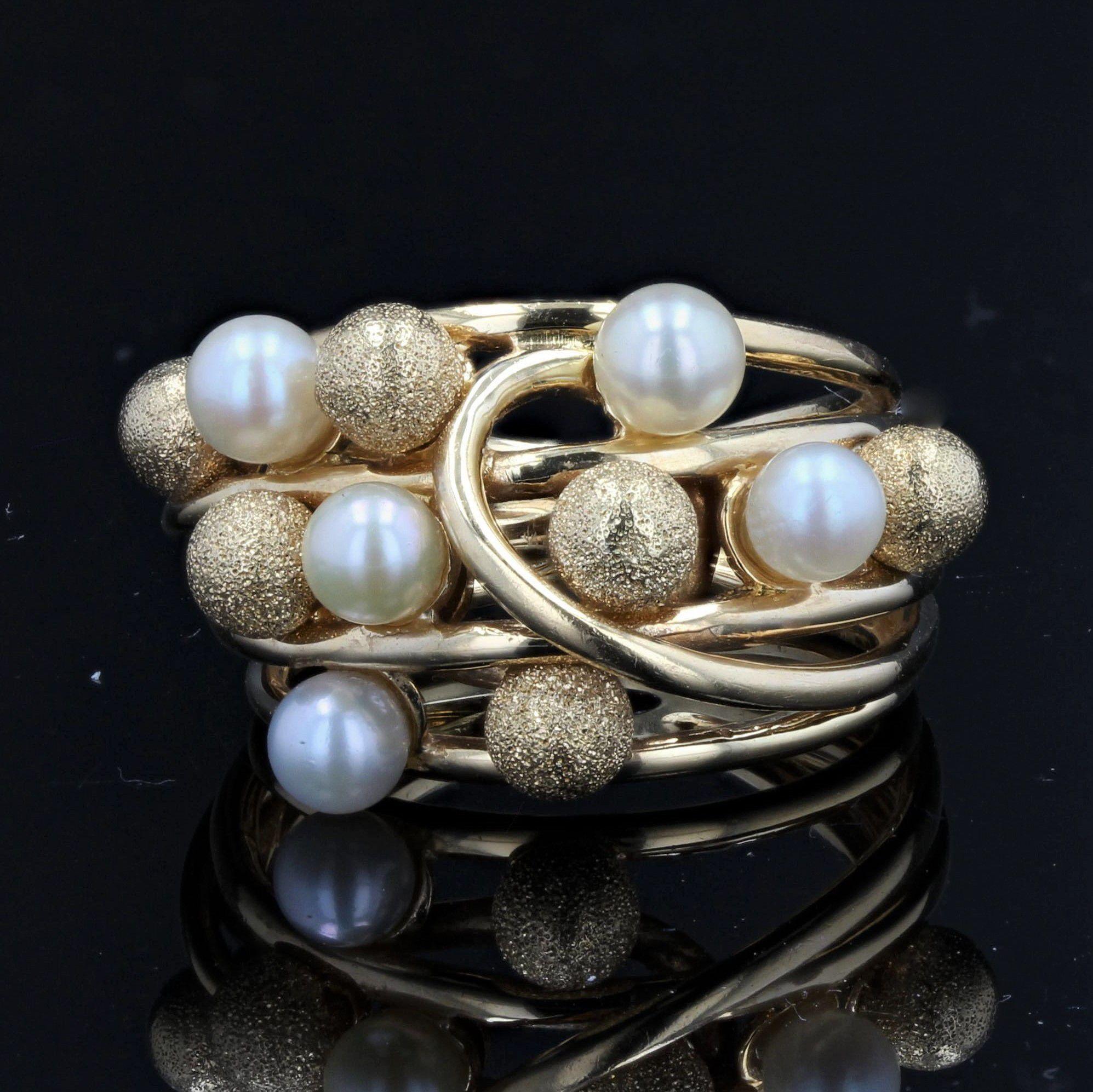 French Modern Cultured Pearl 18 Karat Amati Yellow Gold Pearl Ring 2