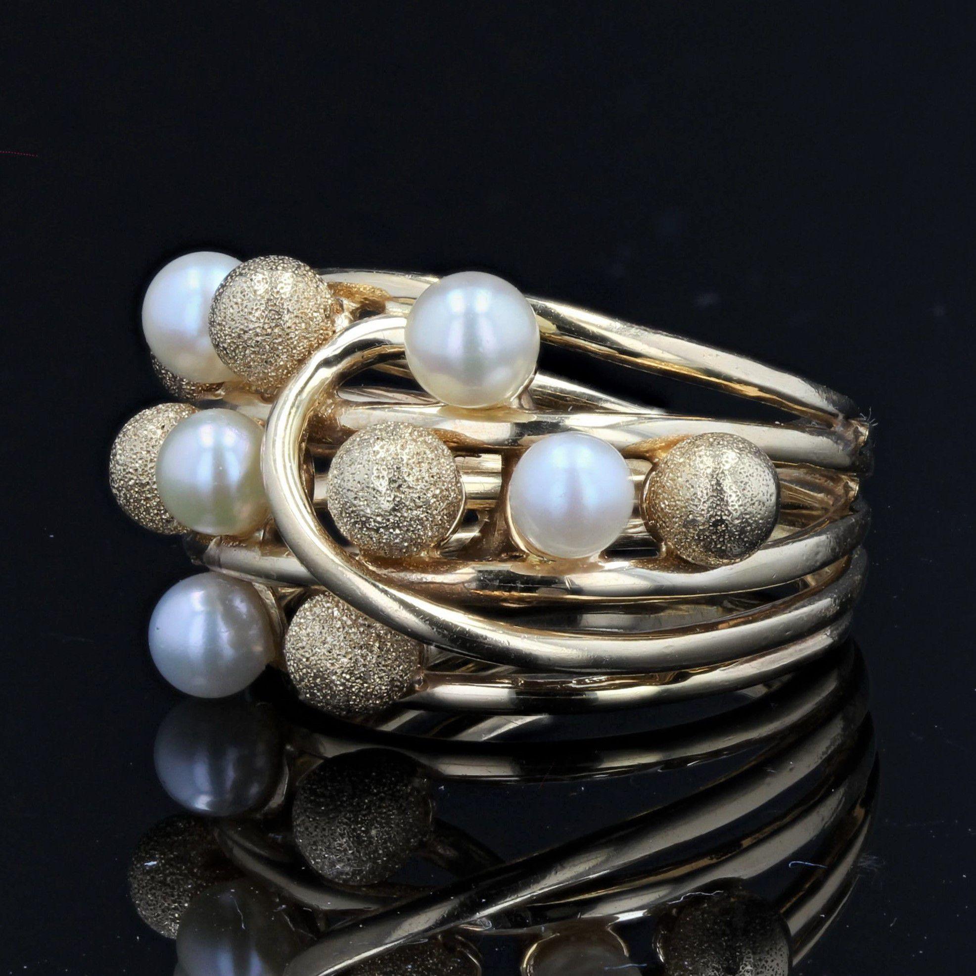 French Modern Cultured Pearl 18 Karat Amati Yellow Gold Pearl Ring 3