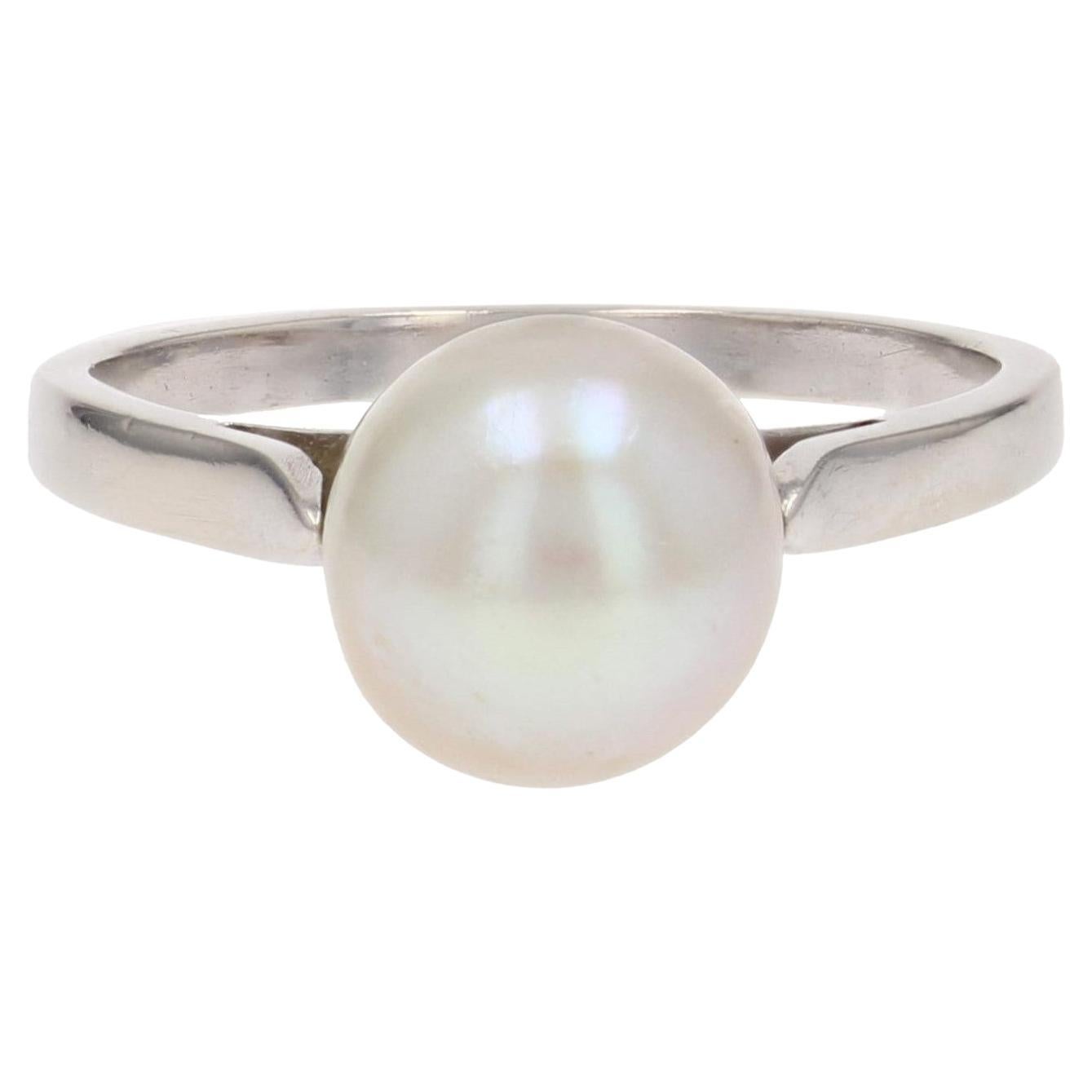 French Modern Cultured Pearl 18 Karat White Gold Solitaire Ring