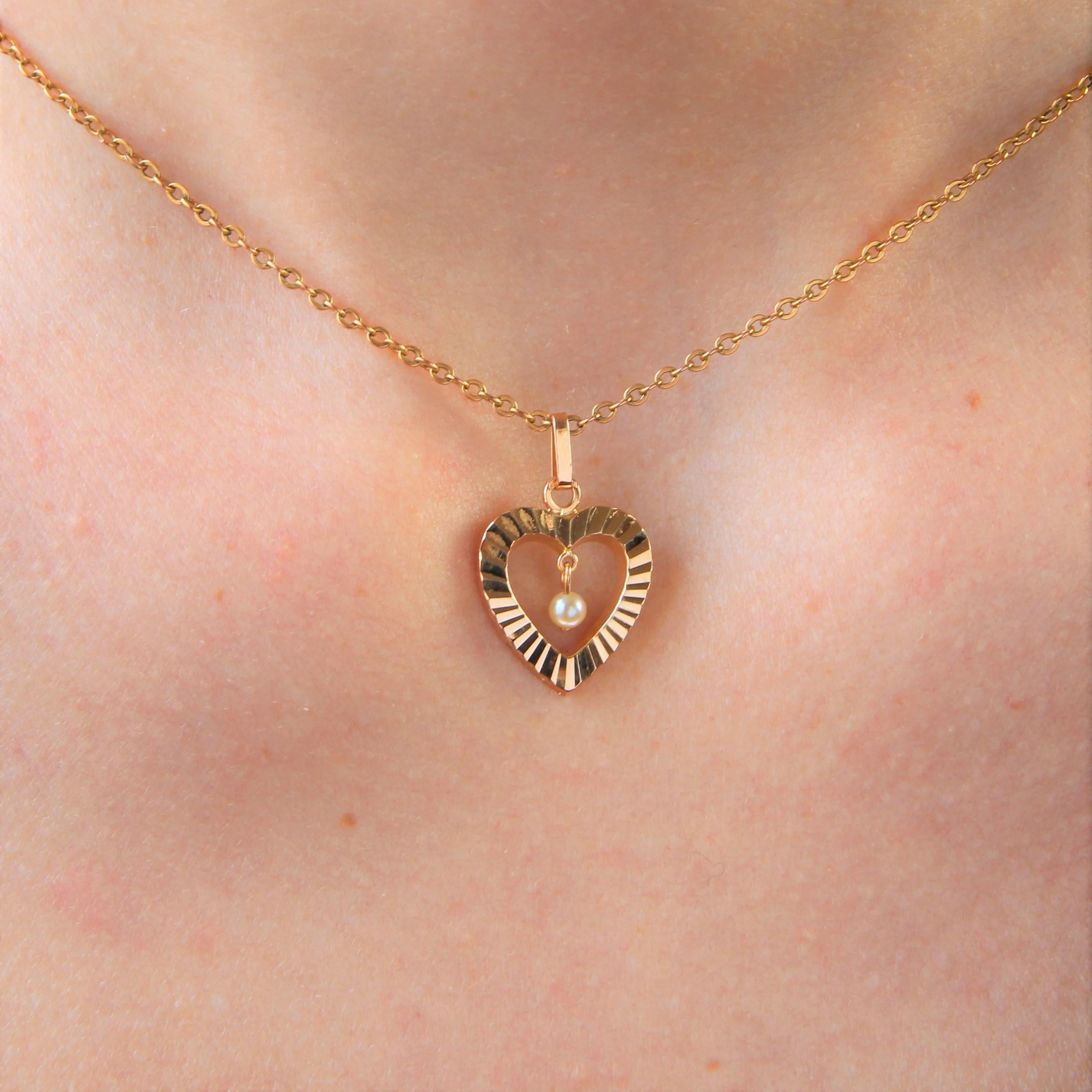 French Modern Cultured Pearl 18 Karat Yellow Gold Heart Shape Pendant 1