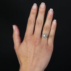 French Modern Cultured Pearl White Sapphires 18 Karat White Gold Daisy Ring