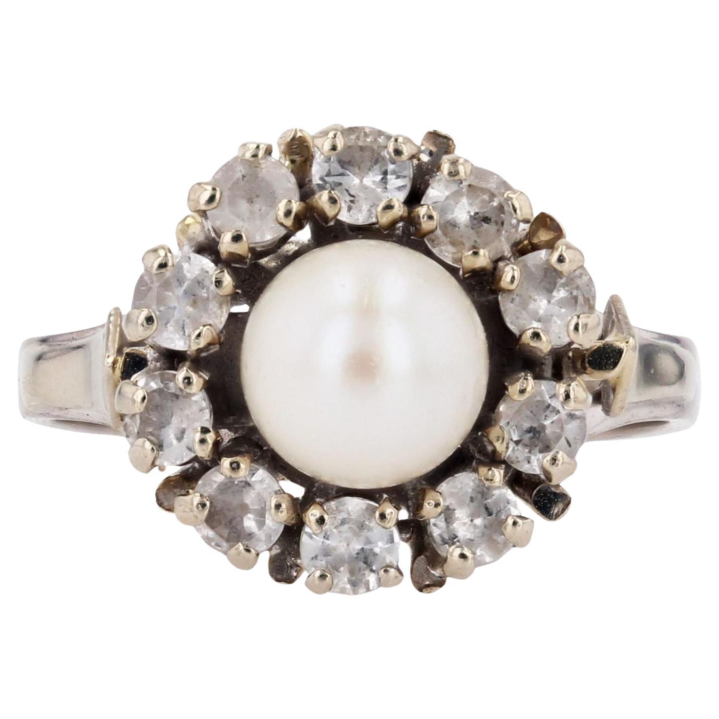 French Modern Cultured Pearl White Sapphires 18 Karat White Gold Daisy Ring For Sale