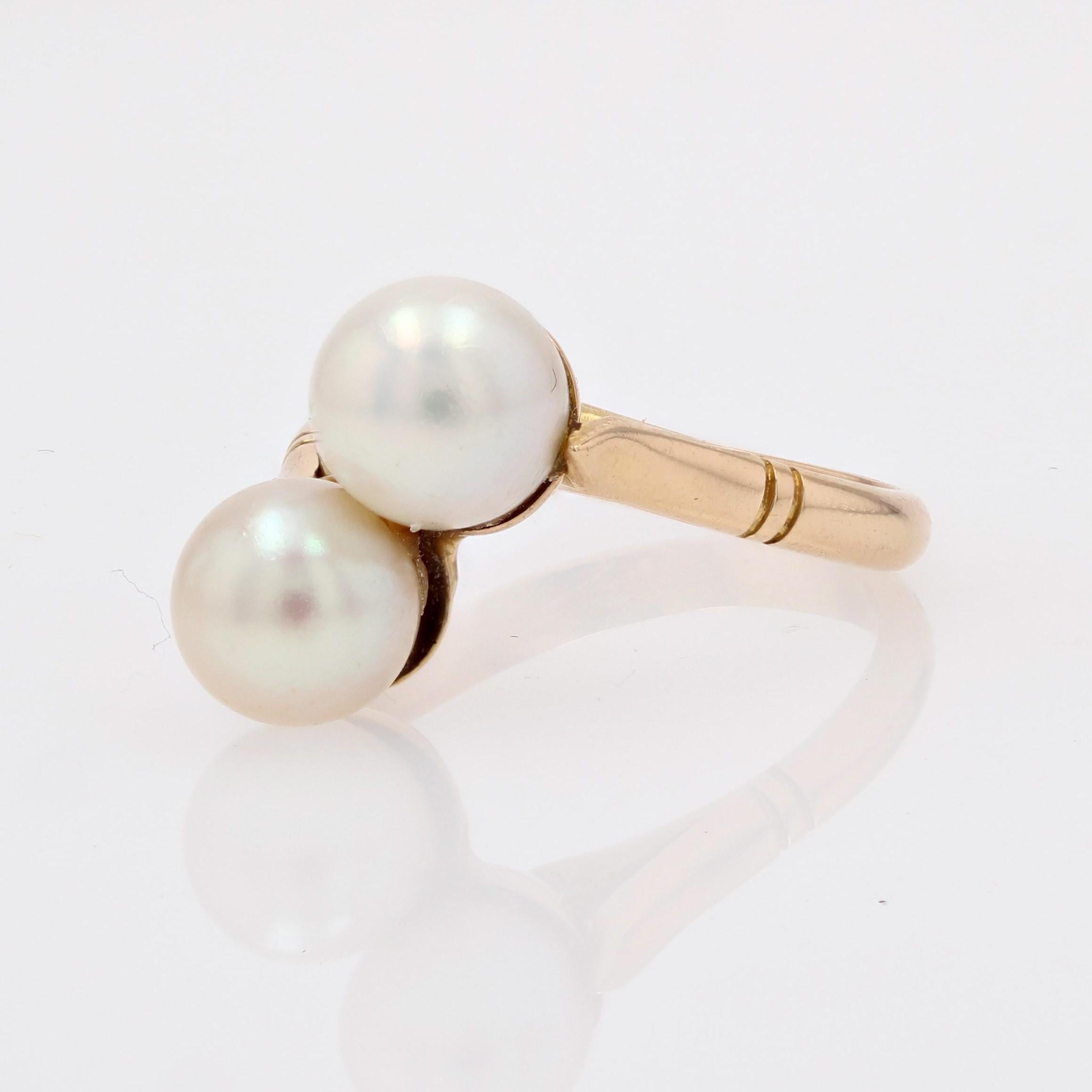 Bead French Modern Cultured Pearls 18 Karat Yellow Gold Duo Ring For Sale