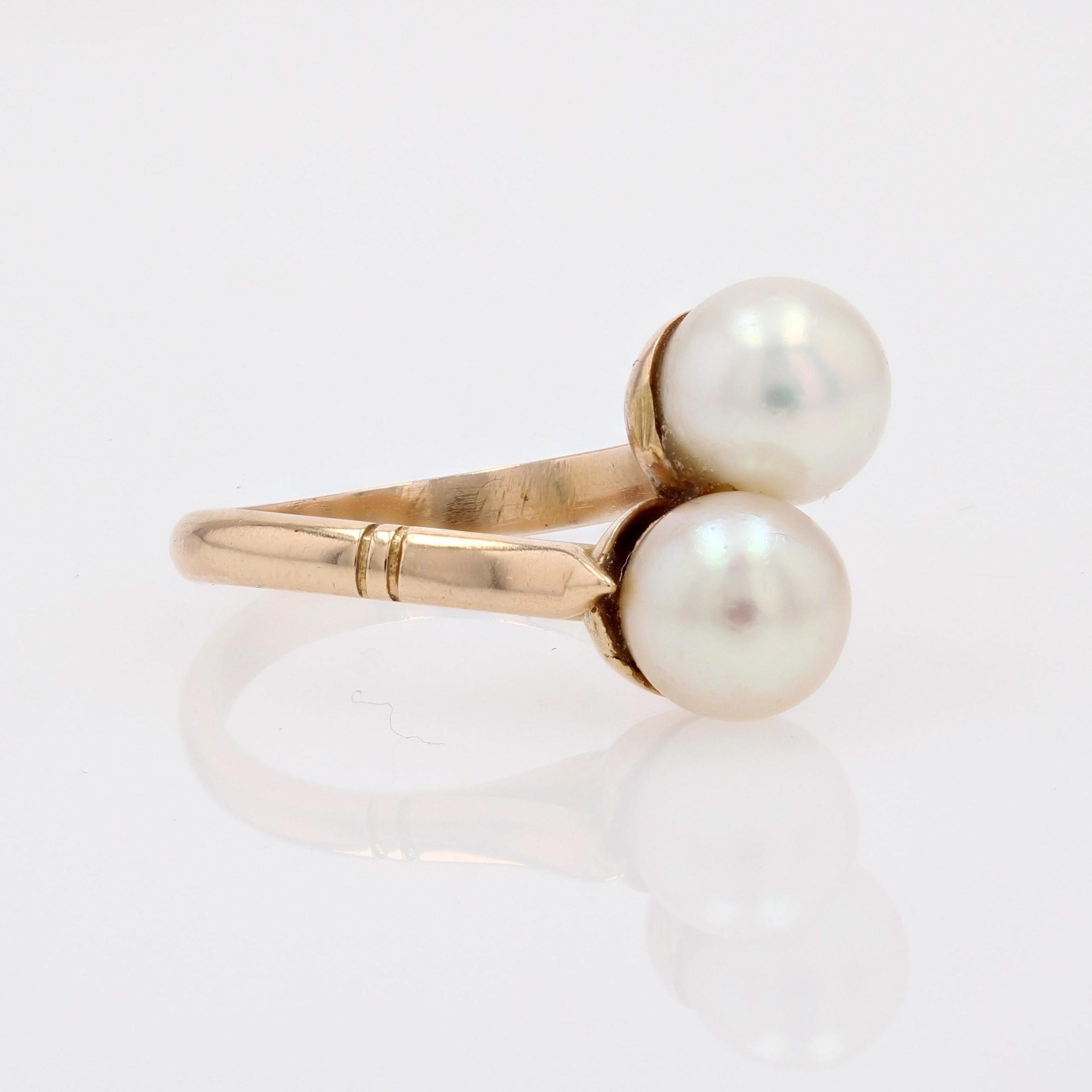 French Modern Cultured Pearls 18 Karat Yellow Gold Duo Ring In Good Condition For Sale In Poitiers, FR