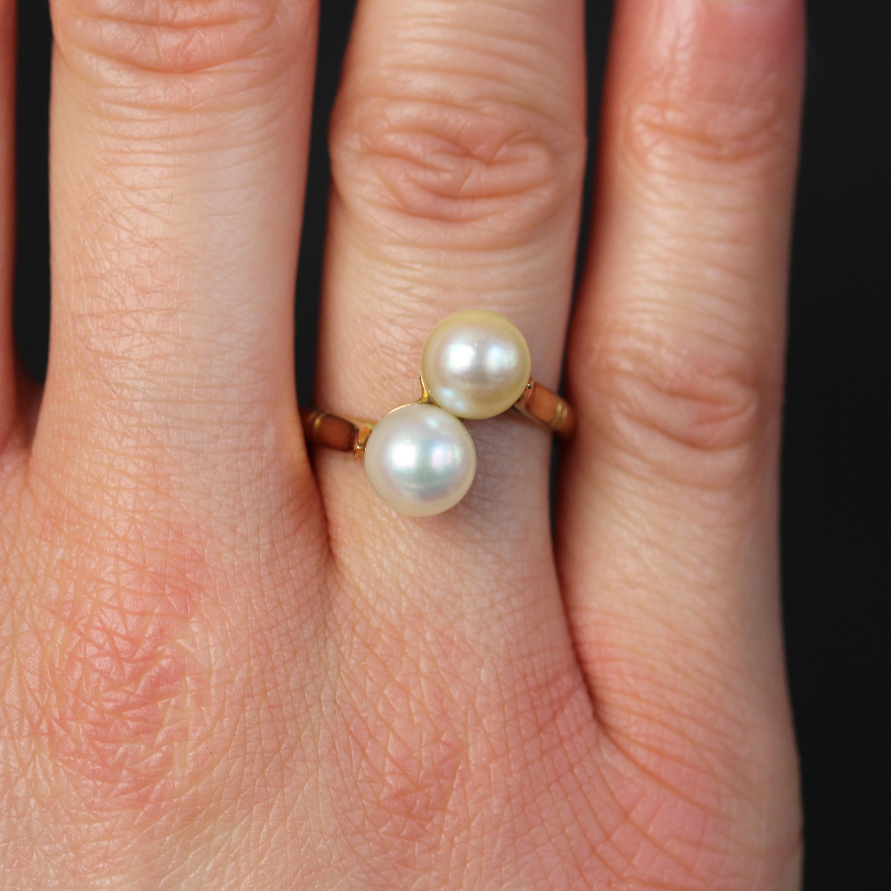 French Modern Cultured Pearls 18 Karat Yellow Gold Duo Ring For Sale 1