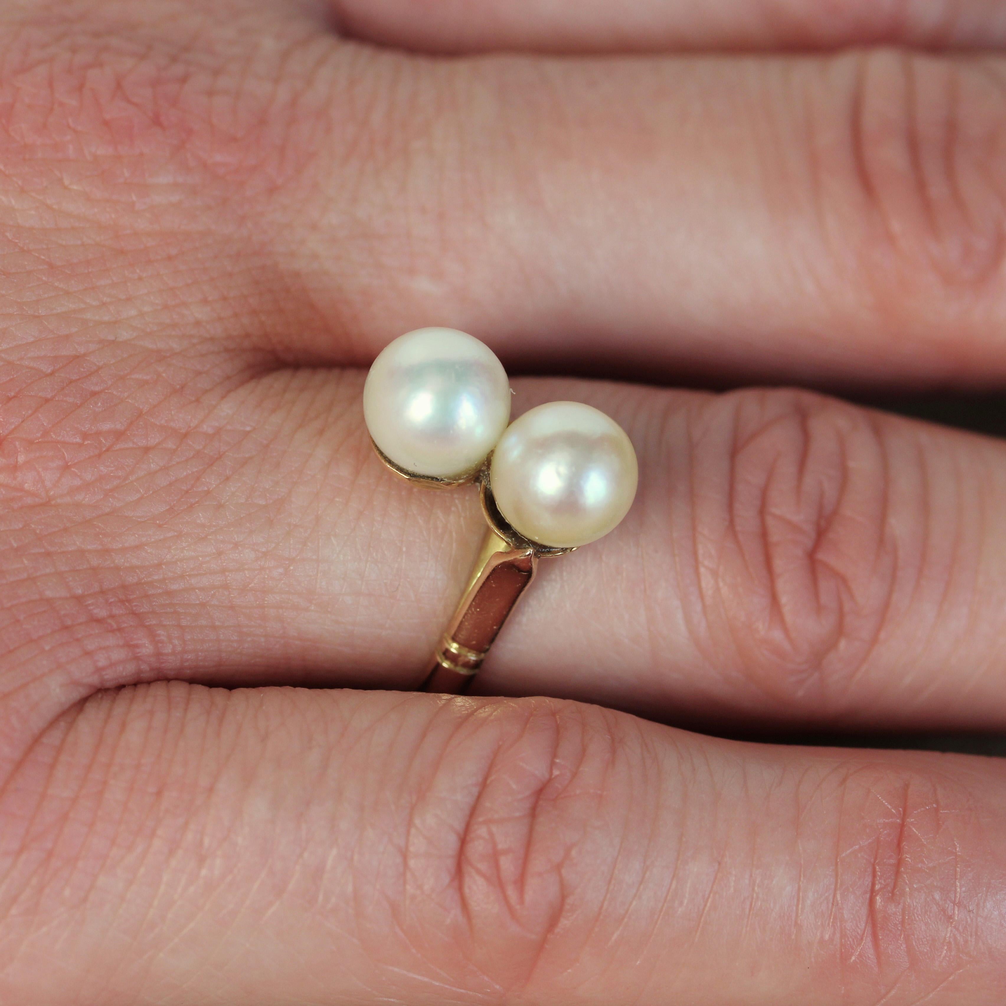 French Modern Cultured Pearls 18 Karat Yellow Gold Duo Ring For Sale 2
