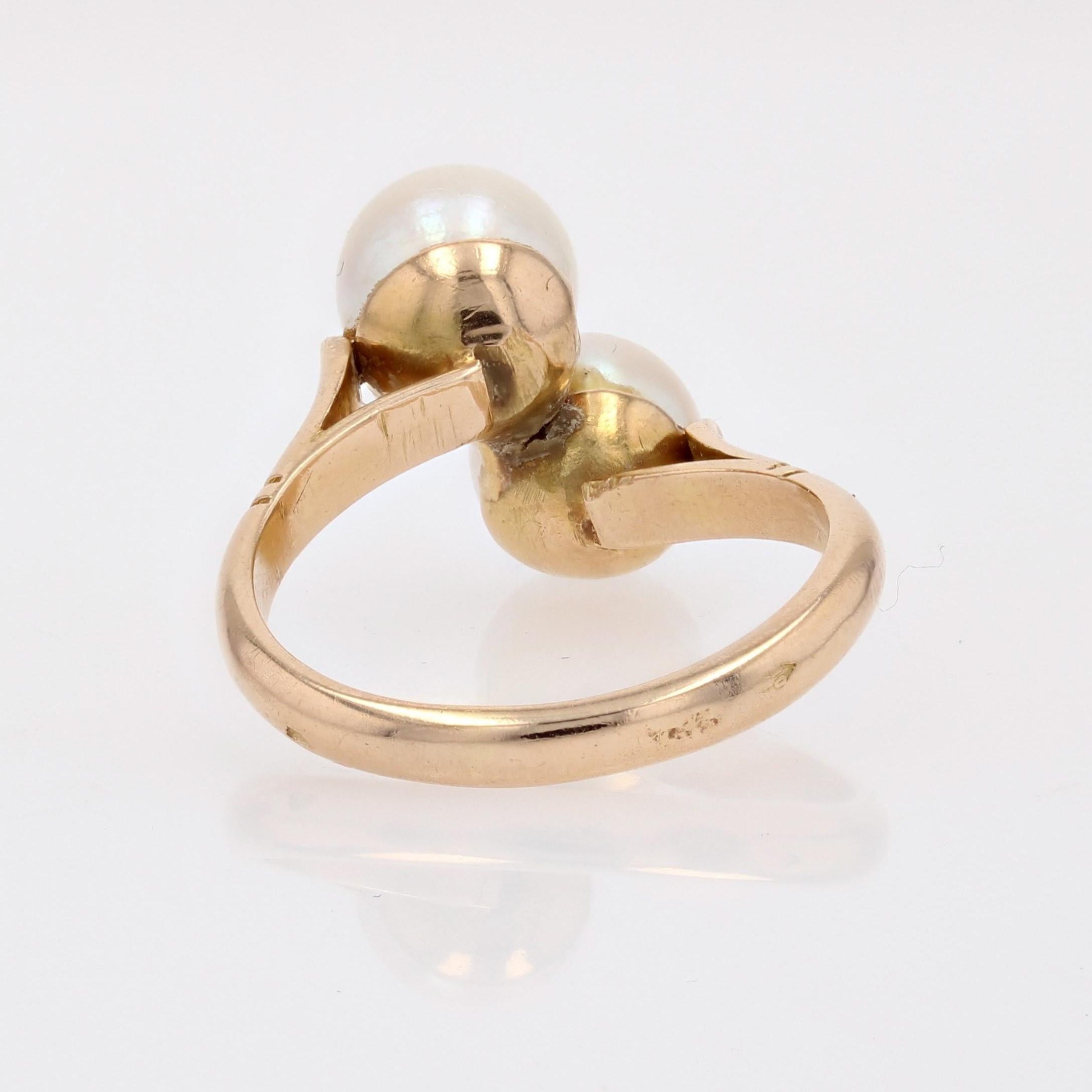 French Modern Cultured Pearls 18 Karat Yellow Gold Duo Ring For Sale 3