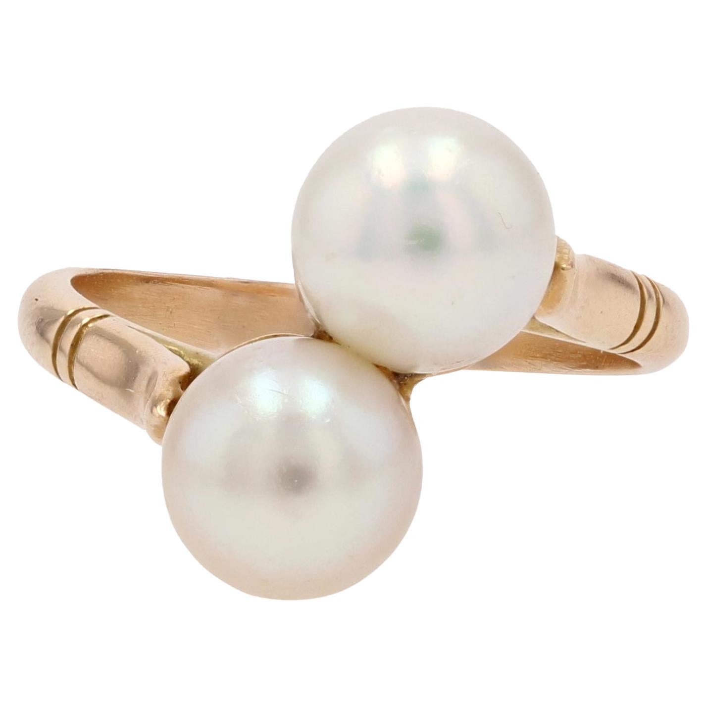 French Modern Cultured Pearls 18 Karat Yellow Gold Duo Ring For Sale