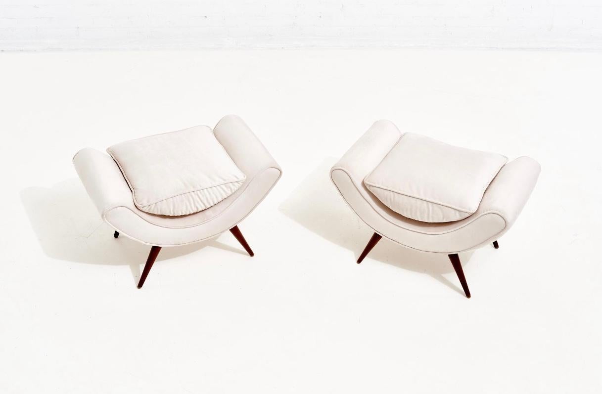 Velvet French Modern Curved Splay Leg Stools, 1970