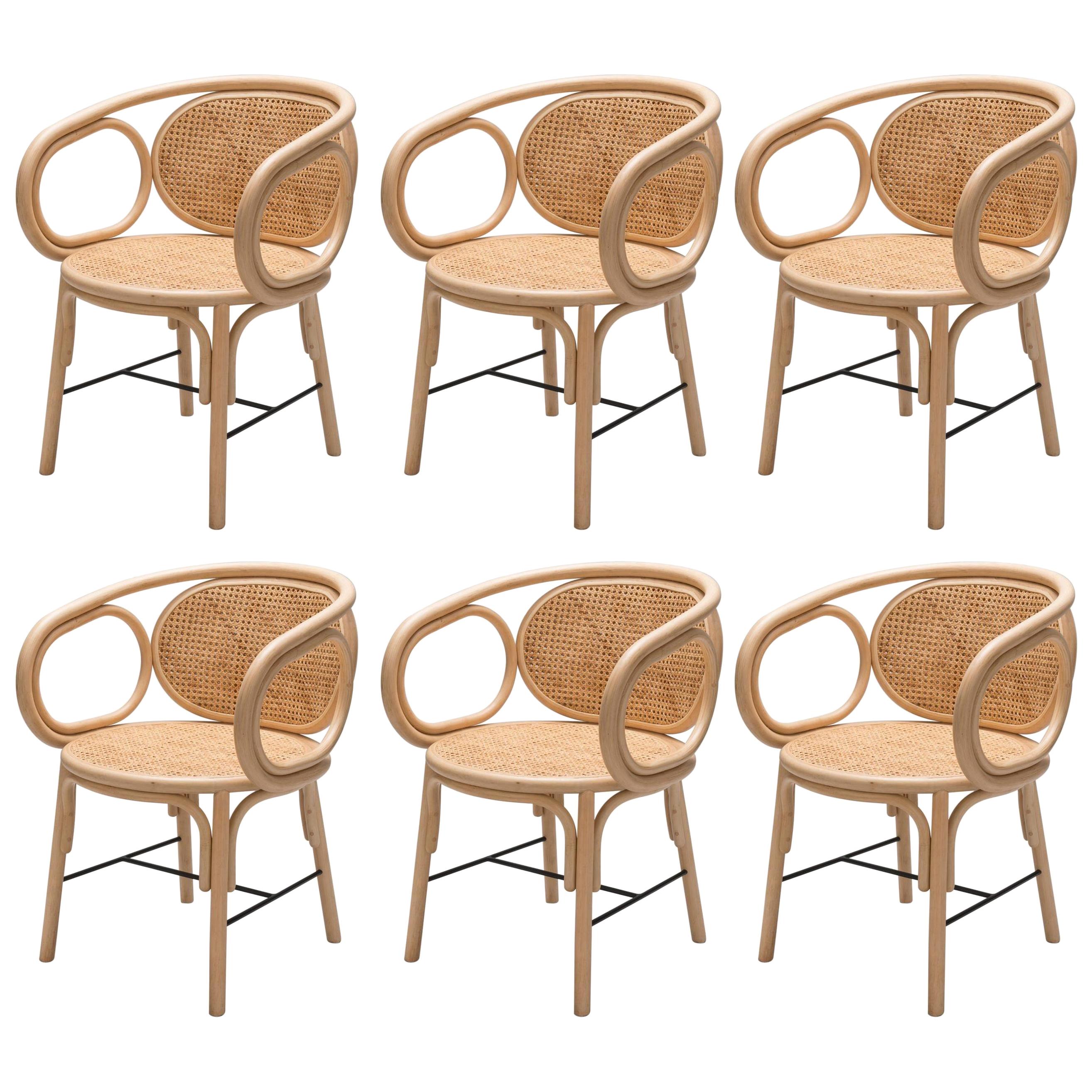 French Modern Design Rattan and Cane Set of Six Dining Armchairs