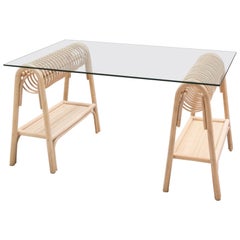 French Modern Design Rattan and Glass Writing Table or Desk