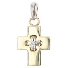 Pendentif croix moderne français en or jaune 18 carats et diamants