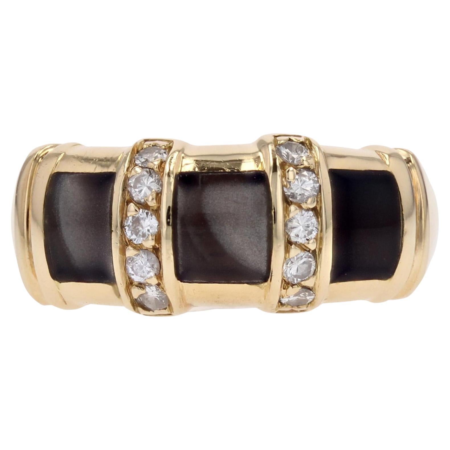 French Modern Diamond Black Enamel 18 Karat Yellow Gold Bangle Ring For Sale