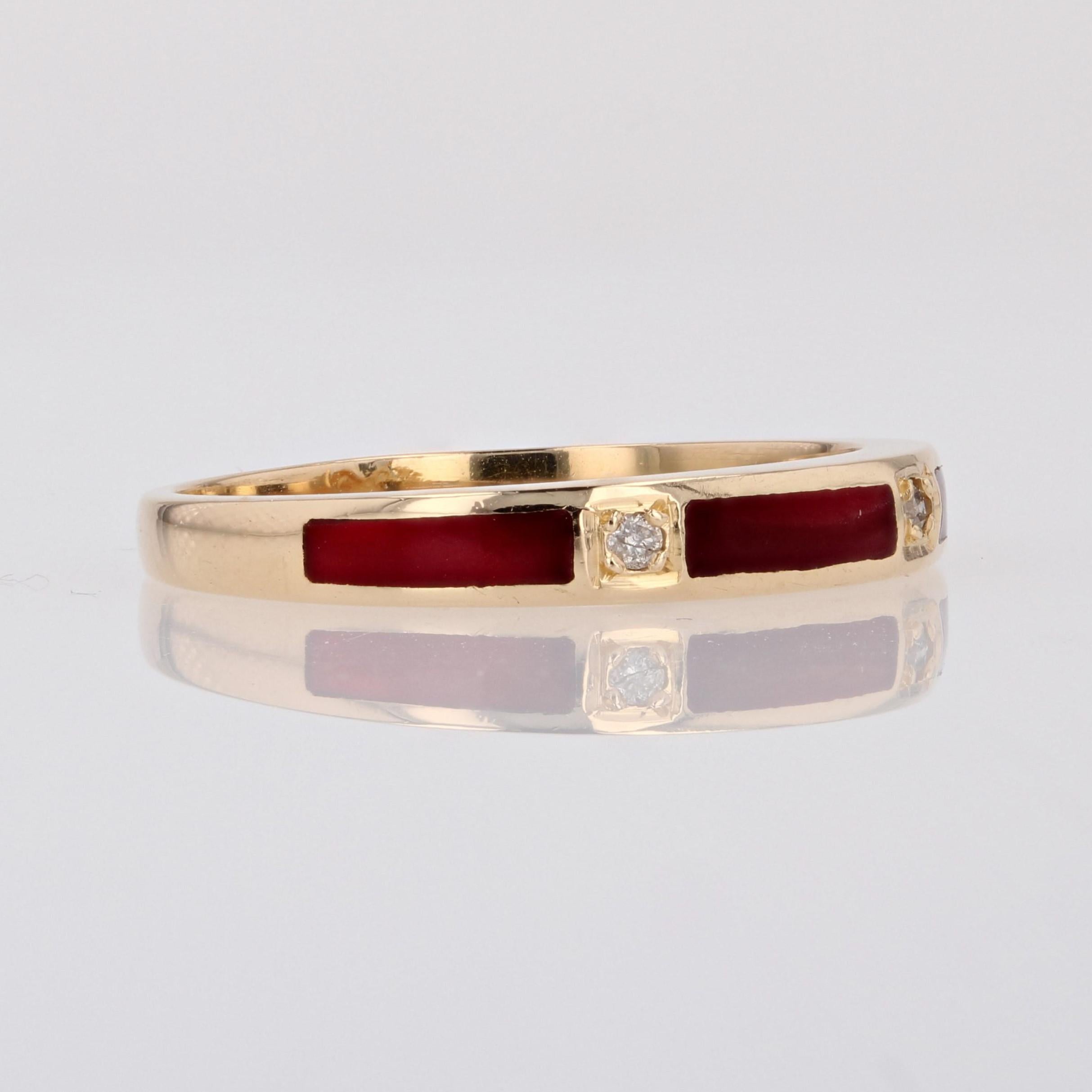 Women's French Modern Diamond Red Enamel 18 Karat Yellow Gold Ring For Sale